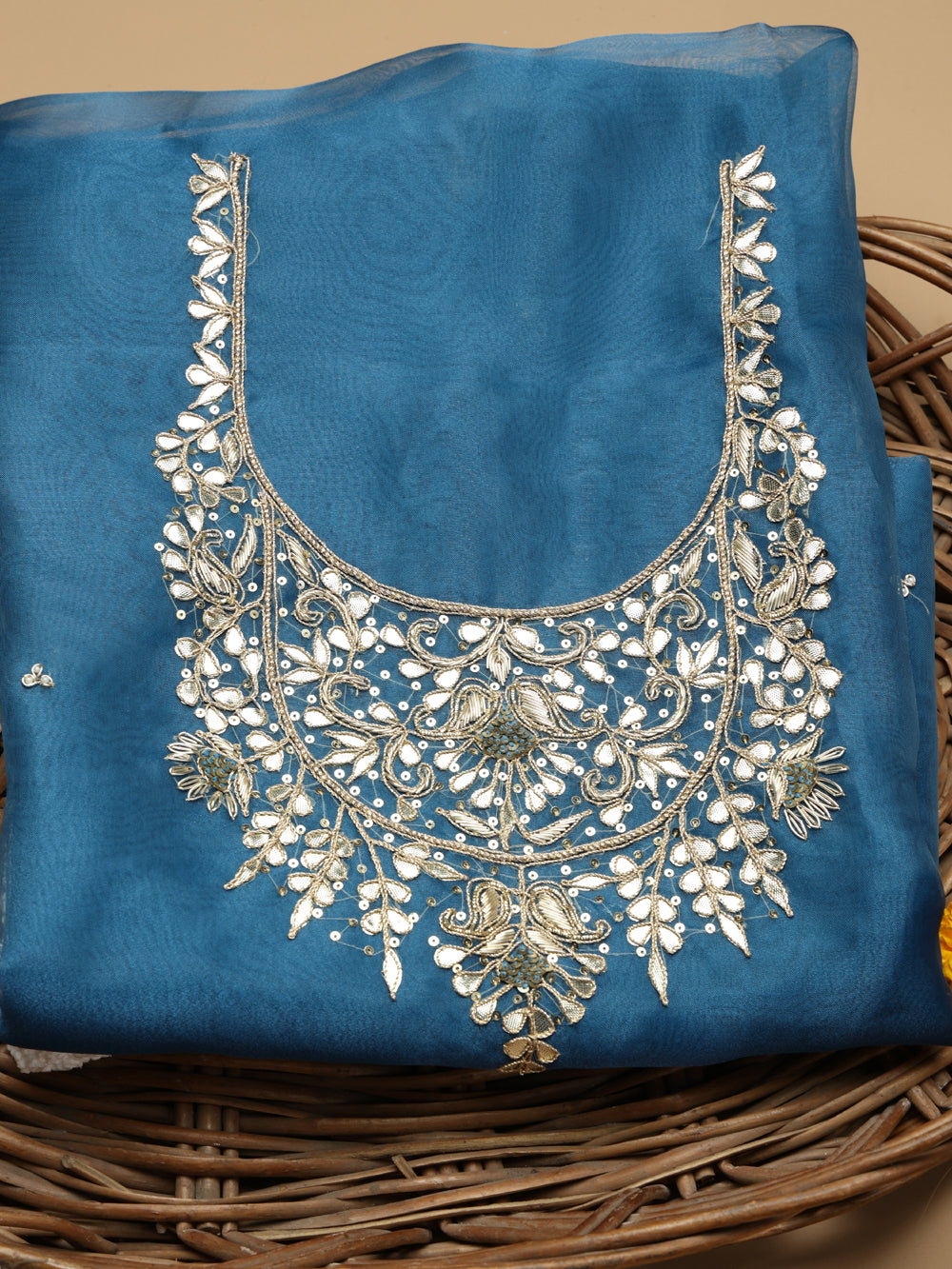 Deep Teal Blue Unstitched Organza Tissue Suit Set with Gota Patti & Zardozi Work