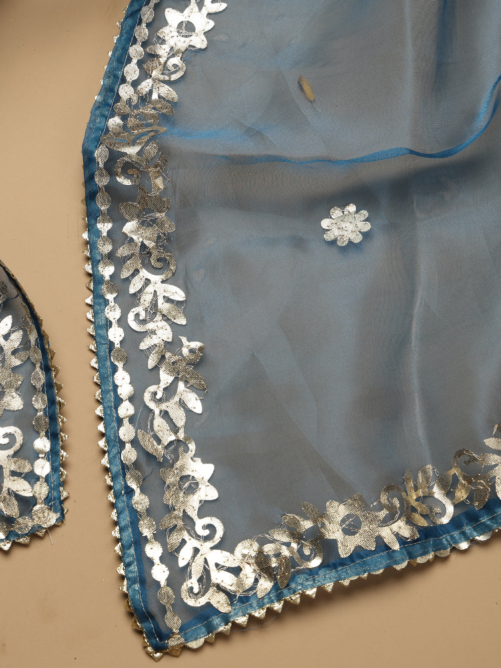 Deep Teal Blue Unstitched Organza Tissue Suit Set with Gota Patti & Zardozi Work