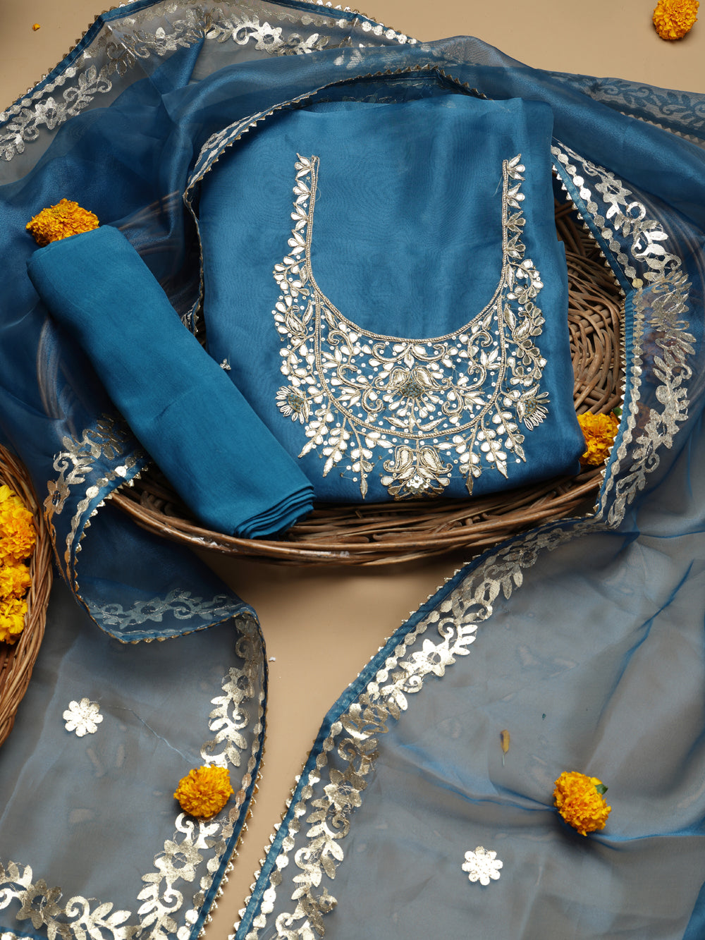 Deep Teal Blue Unstitched Organza Tissue Suit Set with Gota Patti & Zardozi Work