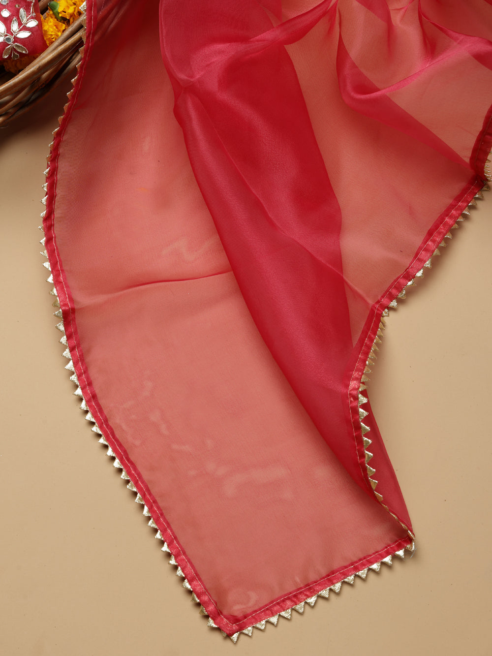 Rich Ruby Red Unstitched Organza Tissue Suit Set with Mirror & Pearl Work