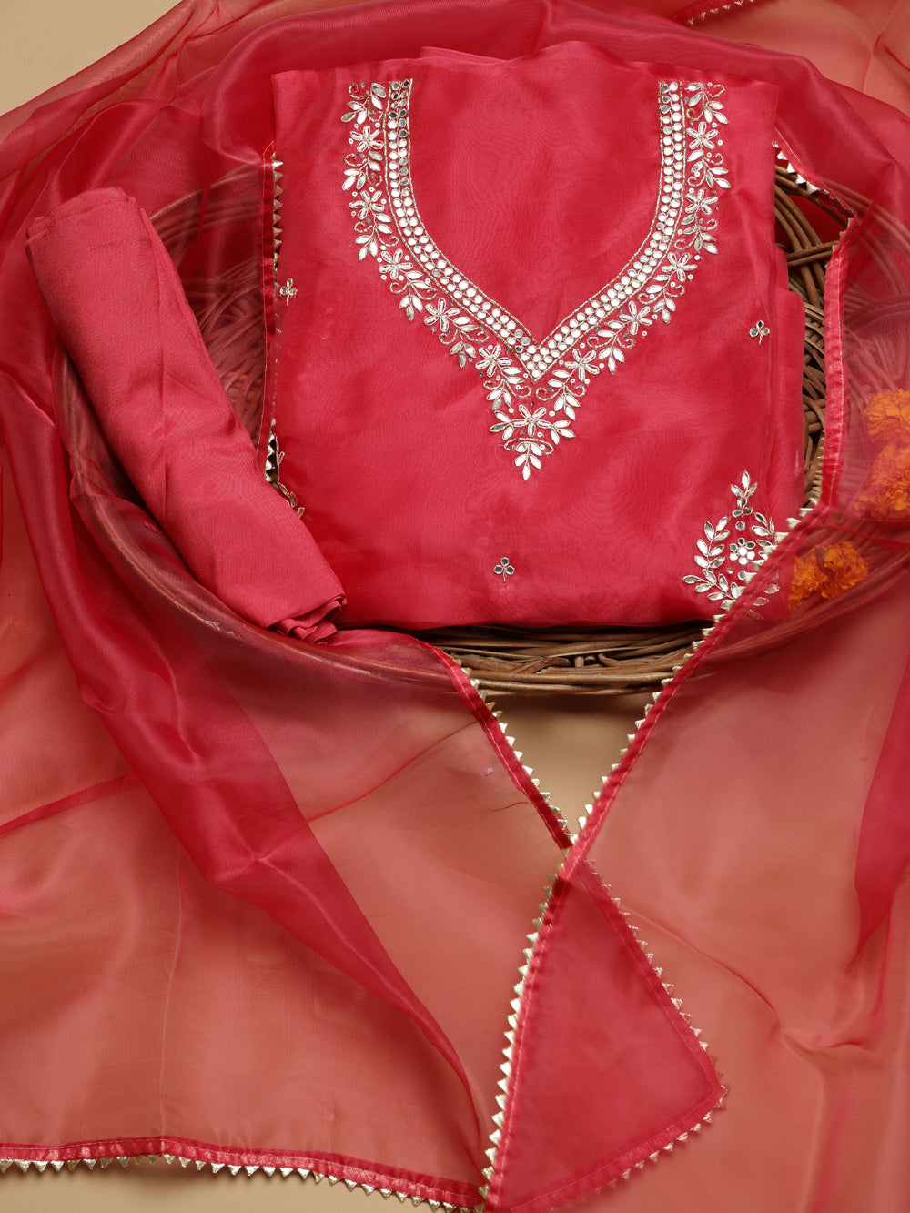 Rich Ruby Red Unstitched Organza Tissue Suit Set with Mirror & Pearl Work