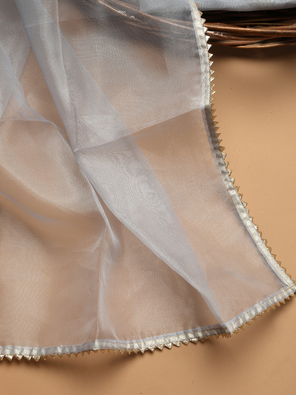 Soft Dove Grey Unstitched Organza Tissue Suit Set with Mirror & Pearl Work