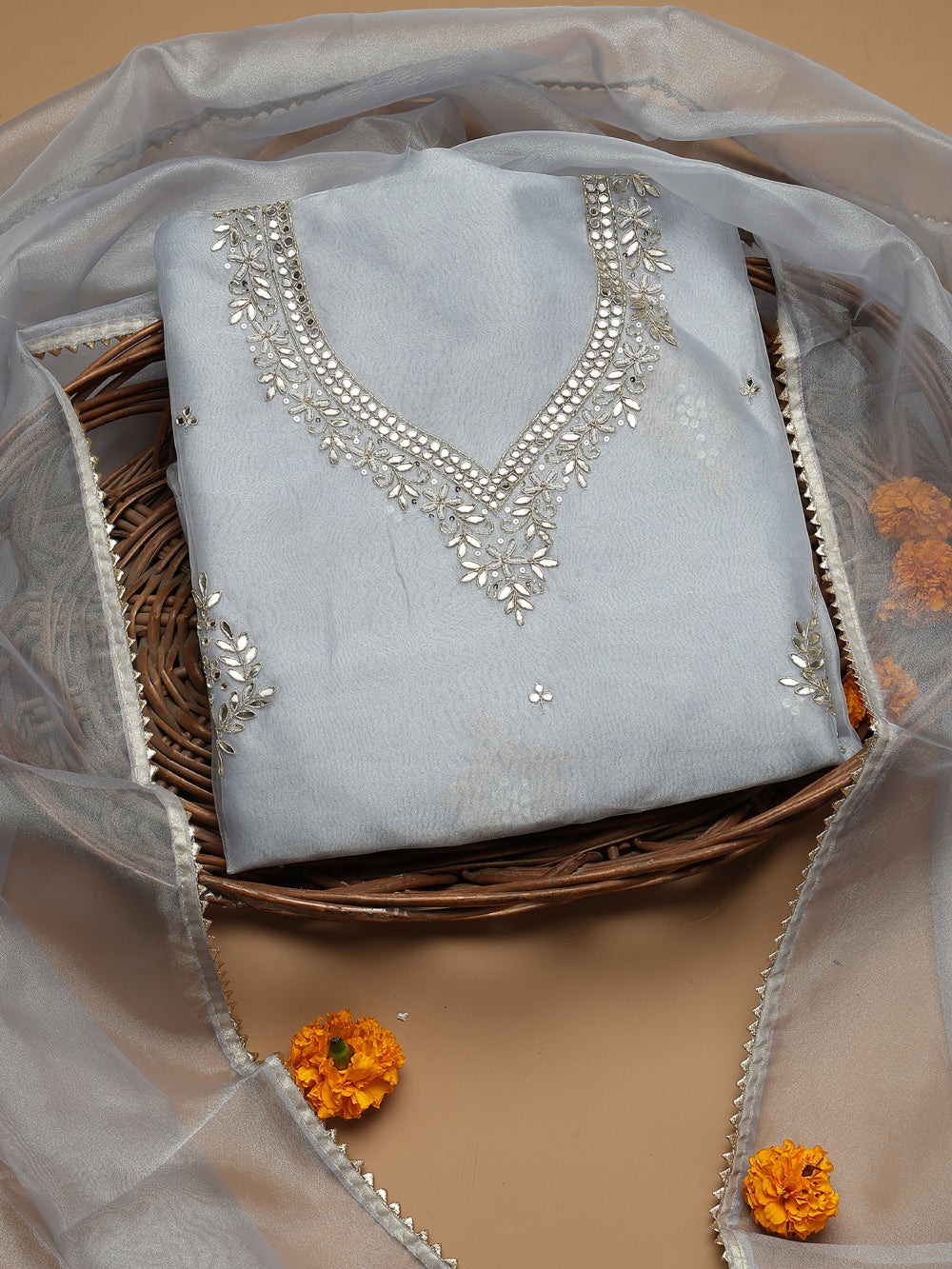 Soft Dove Grey Unstitched Organza Tissue Suit Set with Mirror & Pearl Work