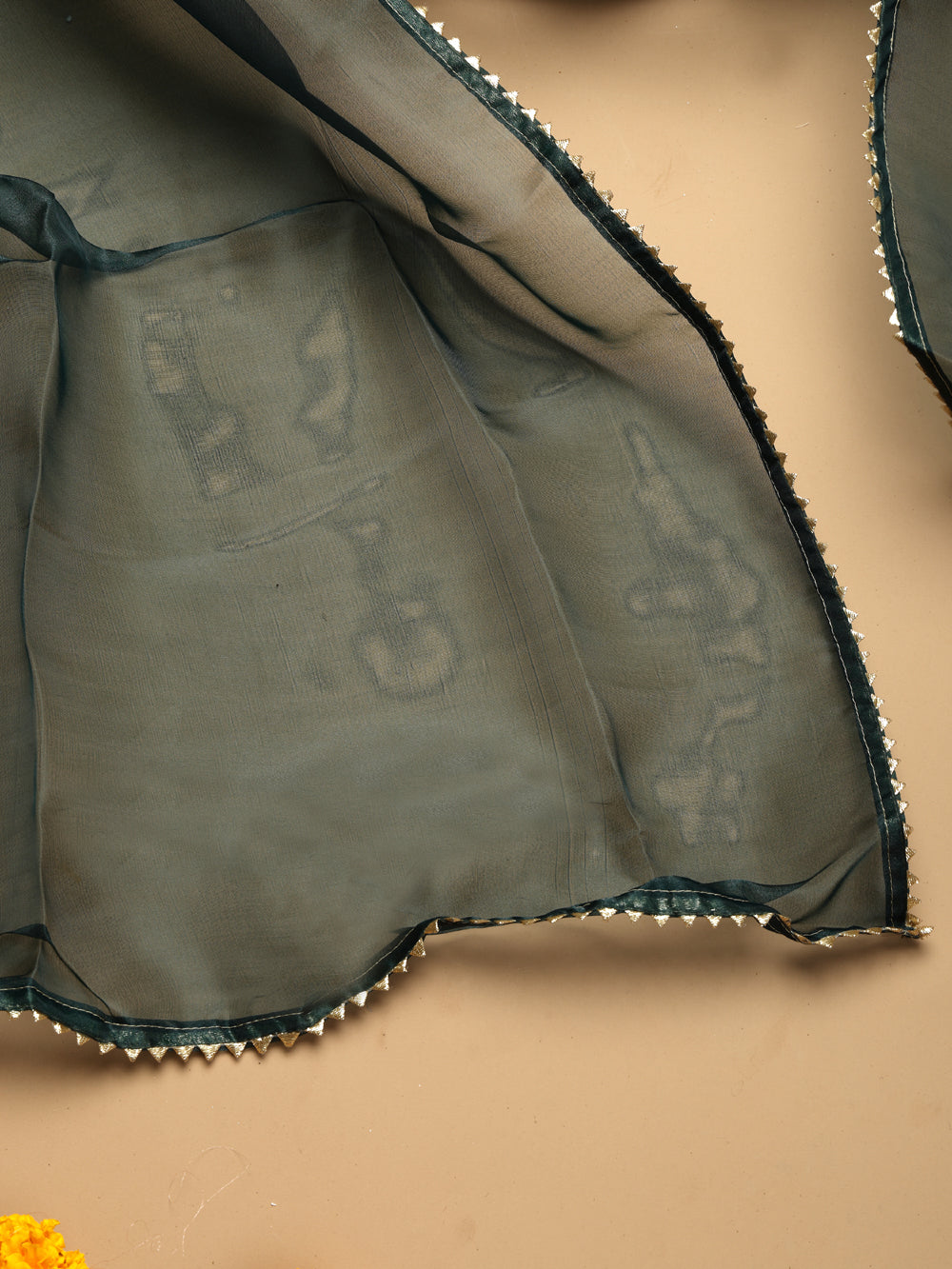 Bottle Green Unstitched Organza Tissue Suit Set with Gota Patti Pearl & Zardozi Work