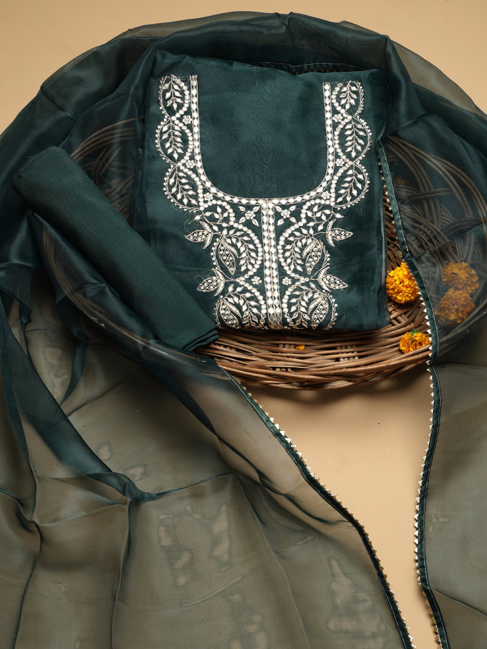 Bottle Green Unstitched Organza Tissue Suit Set with Gota Patti Pearl & Zardozi Work