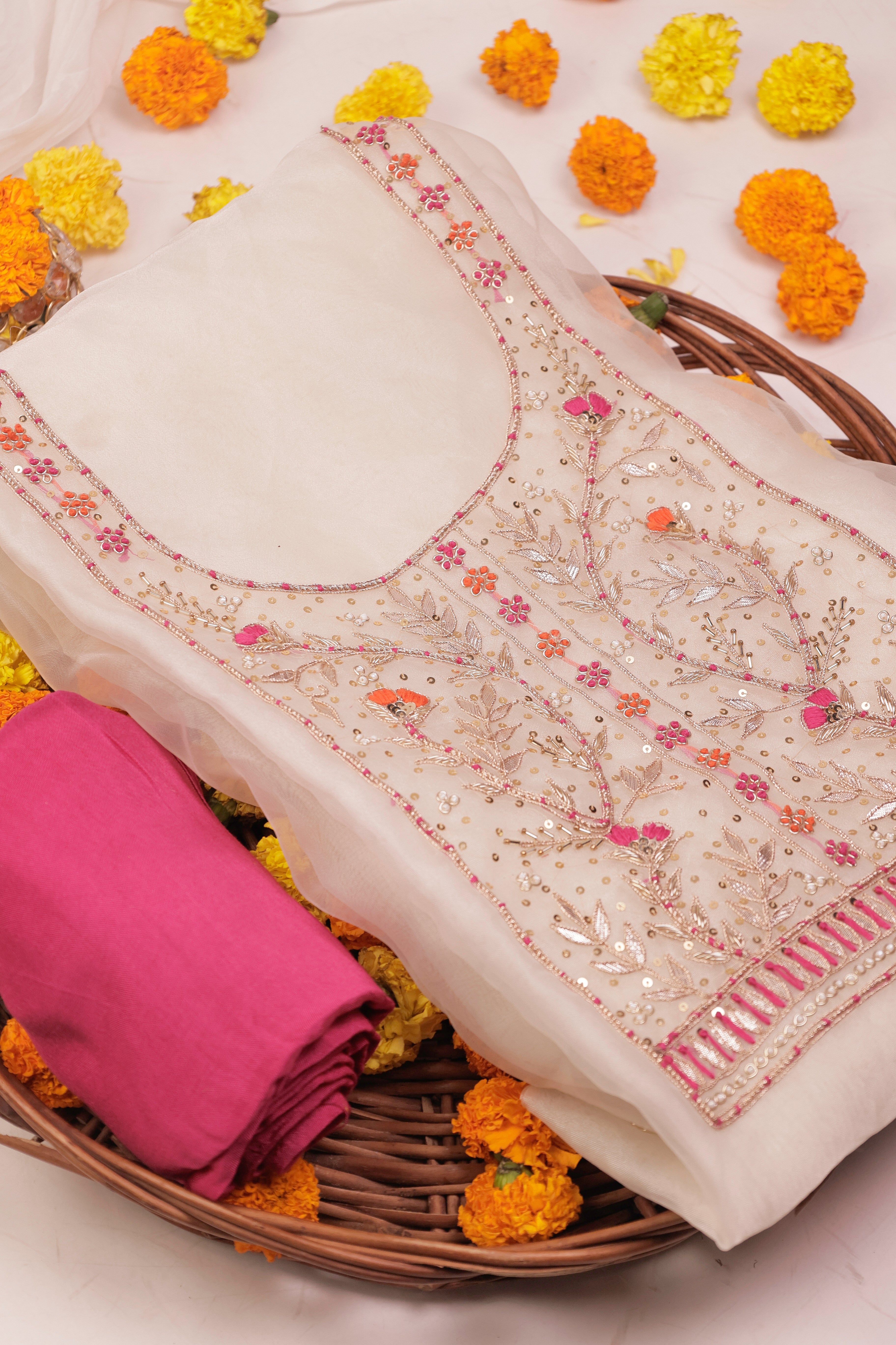 Off White and Rani Unstitch Suit with Heavy Handcrafted Zardozi and Lahariya Dupatta