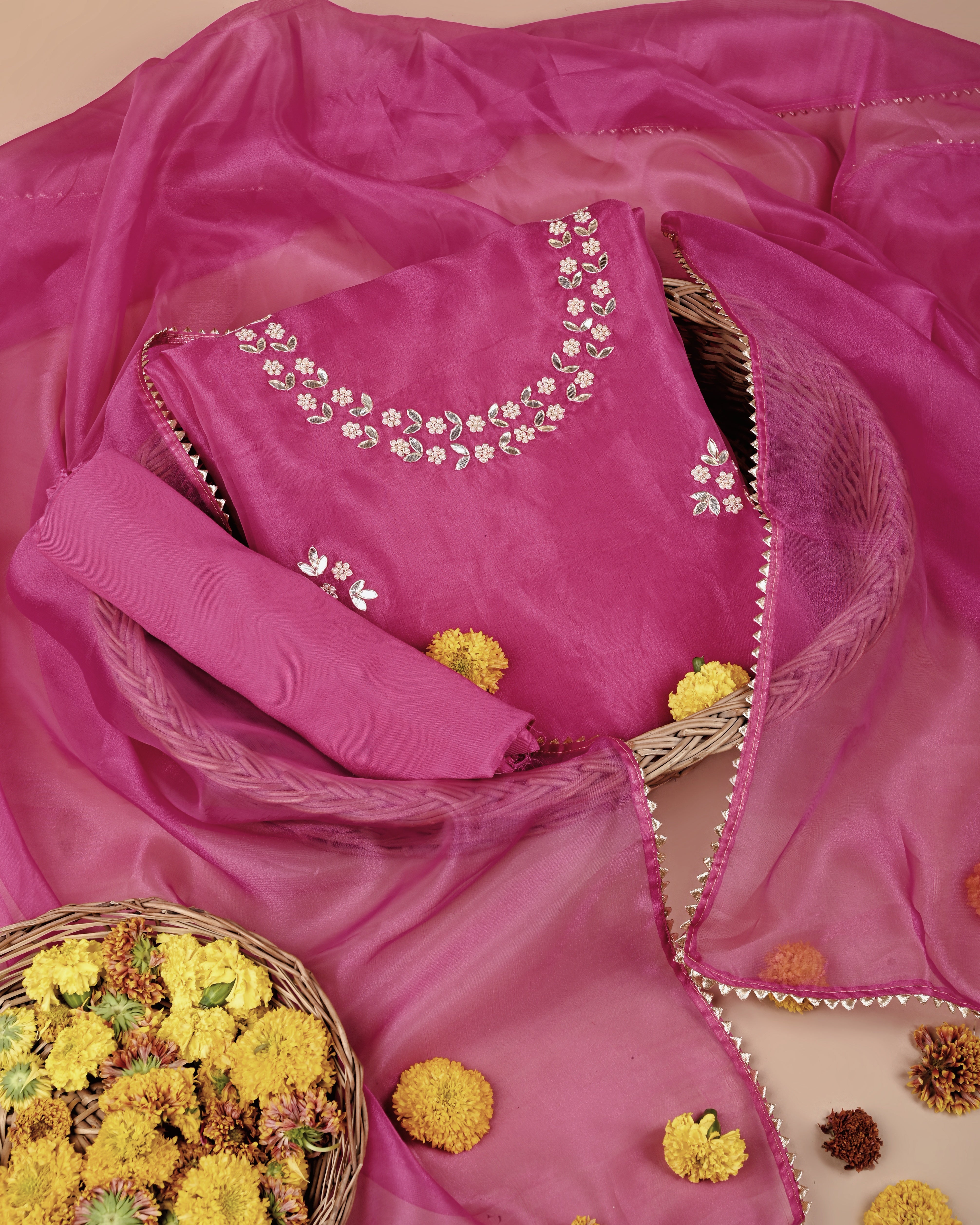 Brink Blush Unstitched Organza Tissue Suit Set with Gota Patti & Pearl Embellishment