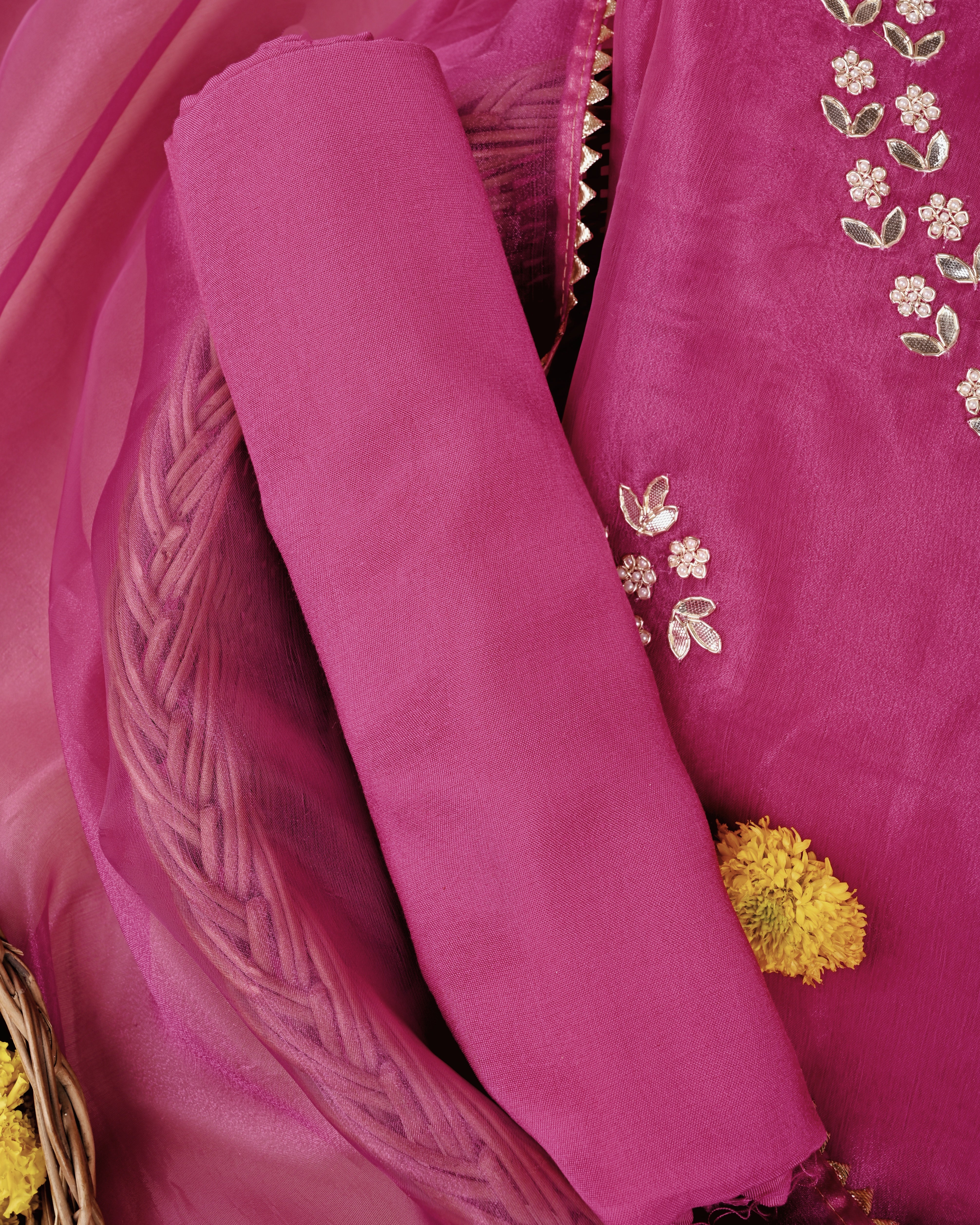 Brink Blush Unstitched Organza Tissue Suit Set with Gota Patti & Pearl Embellishment