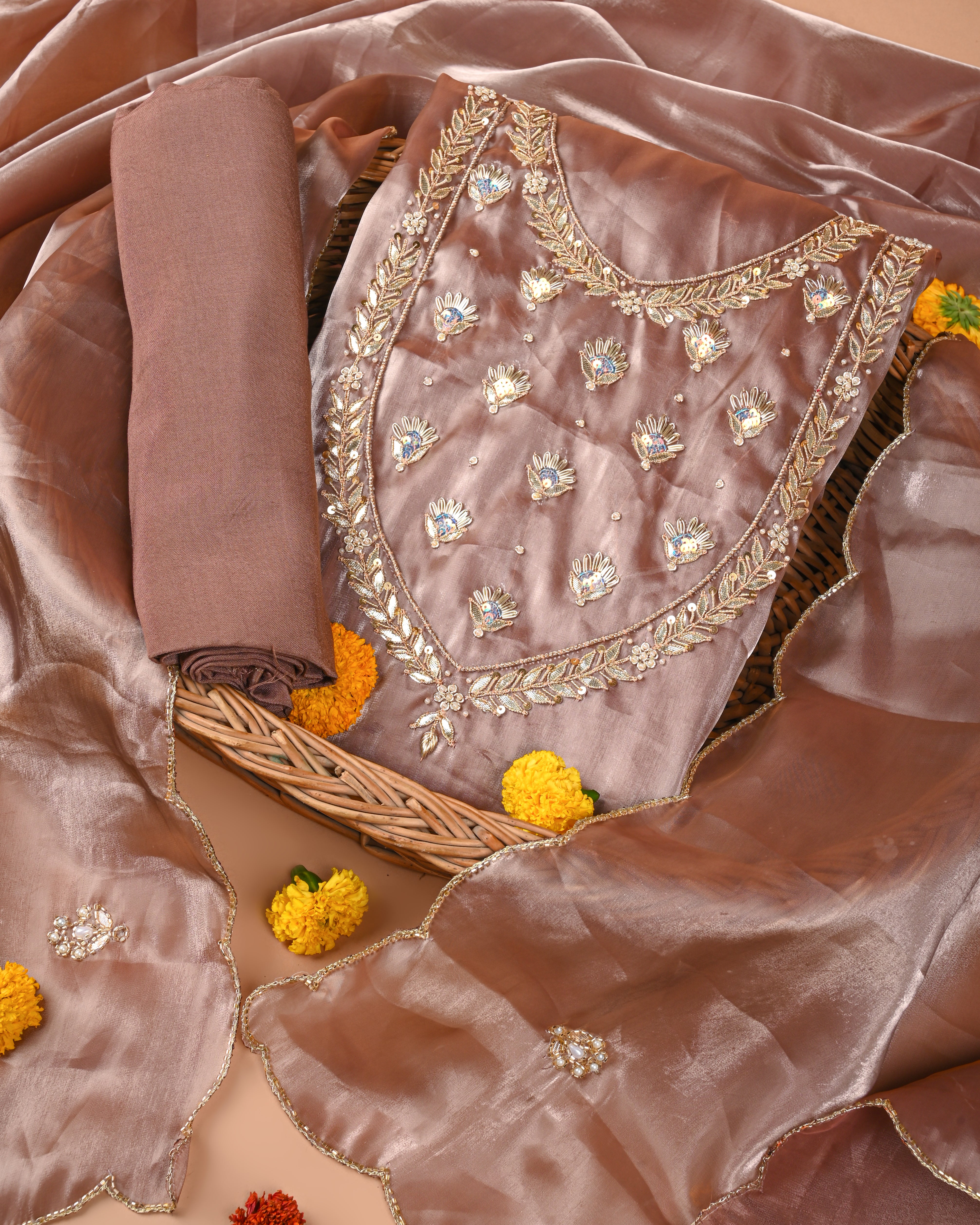 Autumn Copper Elegance Unstitched Jimmy Choo Silk Suit Set with Handcrafted Gota Patti & Pearl Detailing