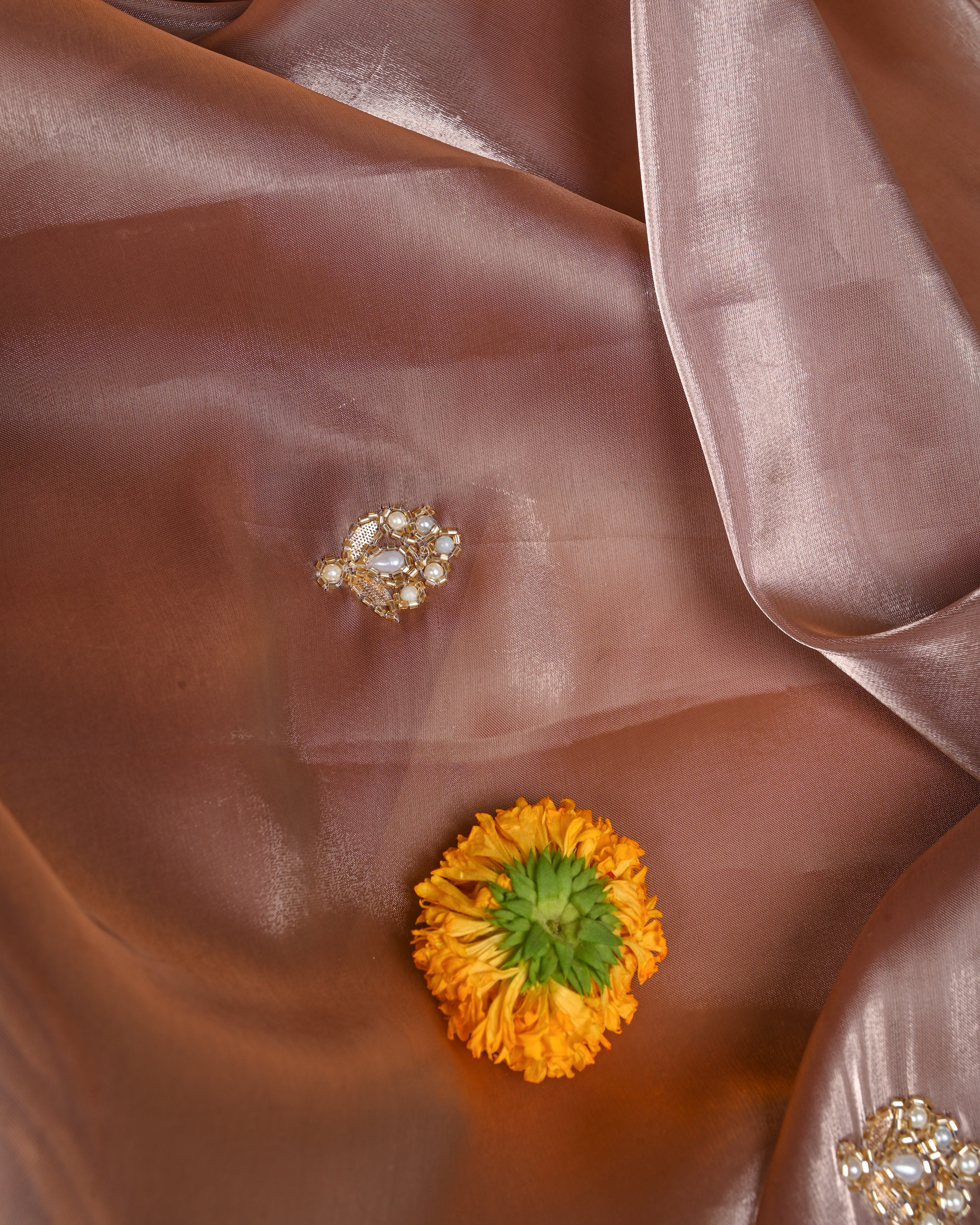 Autumn Copper Elegance Unstitched Jimmy Choo Silk Suit Set with Handcrafted Gota Patti & Pearl Detailing