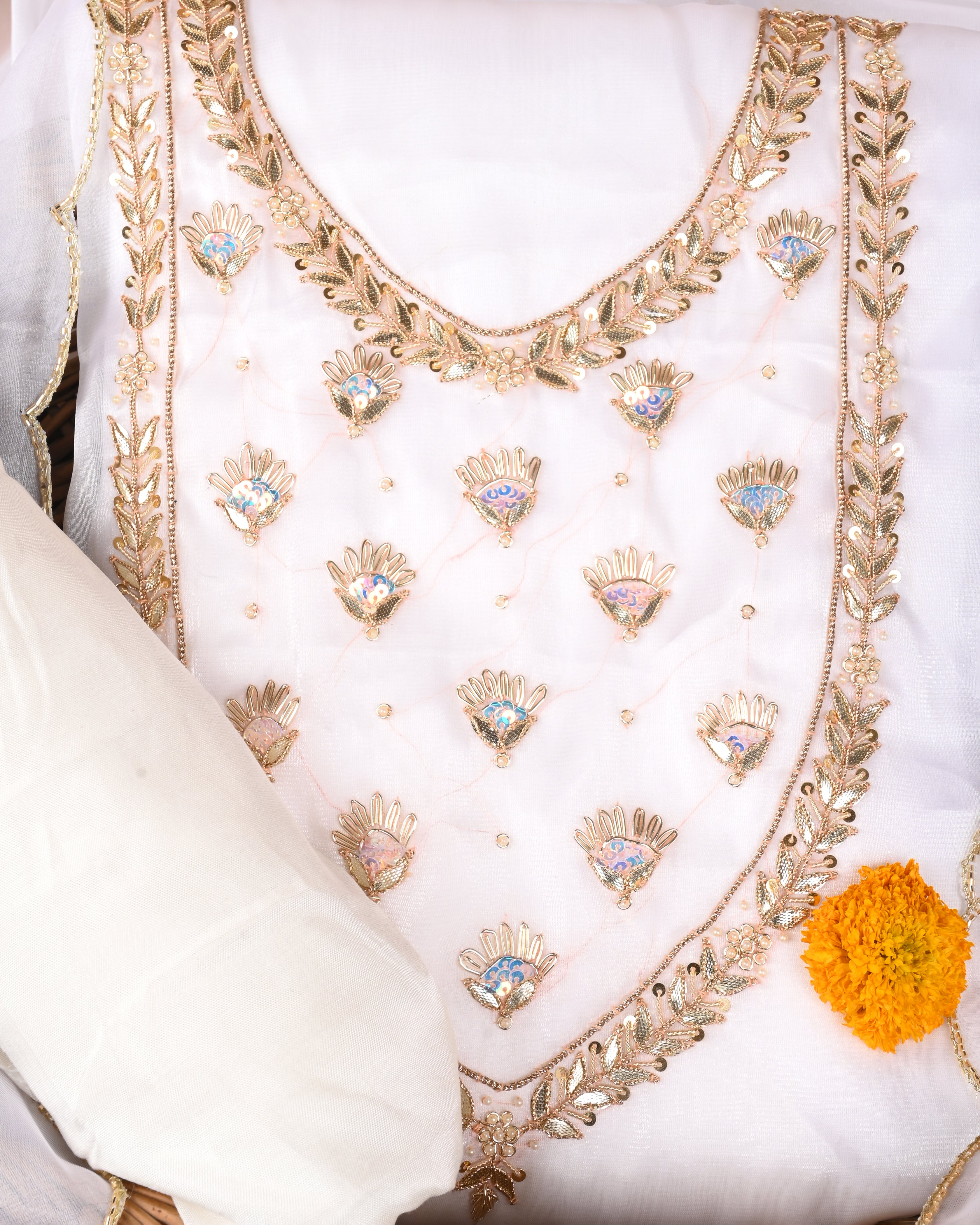 Snow White Royale Unstitched Jimmy Choo Silk Suit Set with Handcrafted Gota Patti & Pearl Embellishment