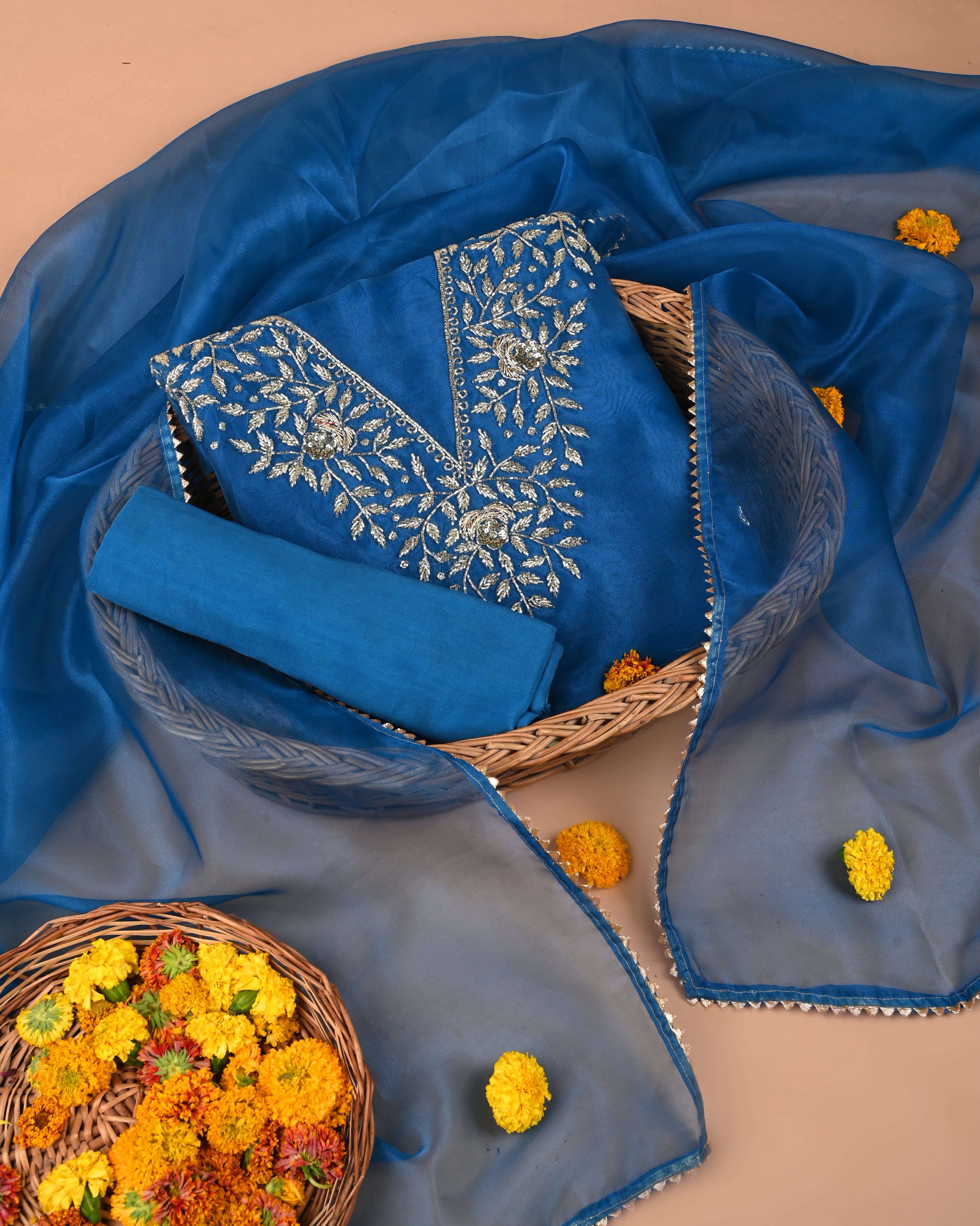 Blue Eyes Zardosi Unstitched Suit Set with V-Neck Handcrafted Detailing