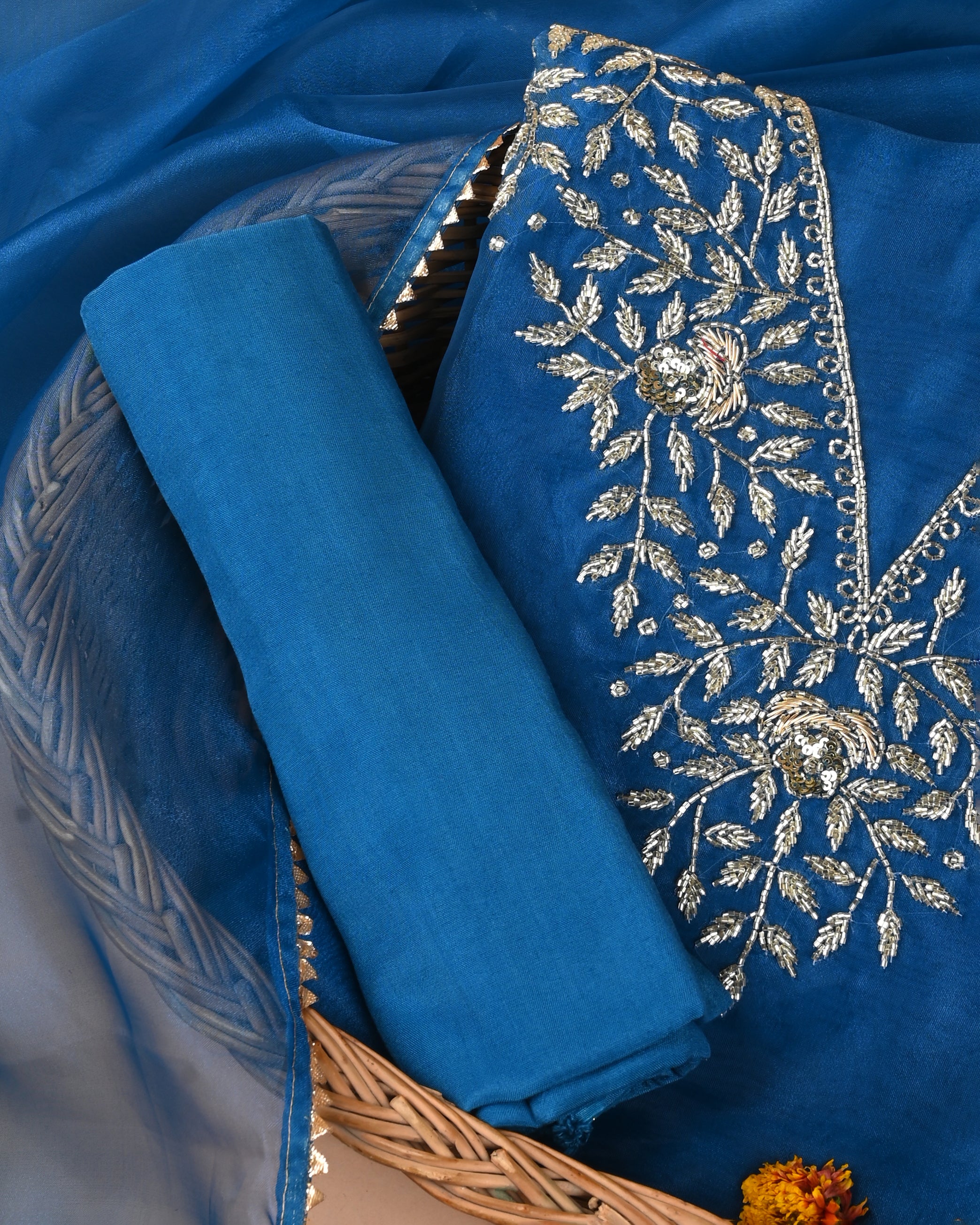 Blue Eyes Zardosi Unstitched Suit Set with V-Neck Handcrafted Detailing