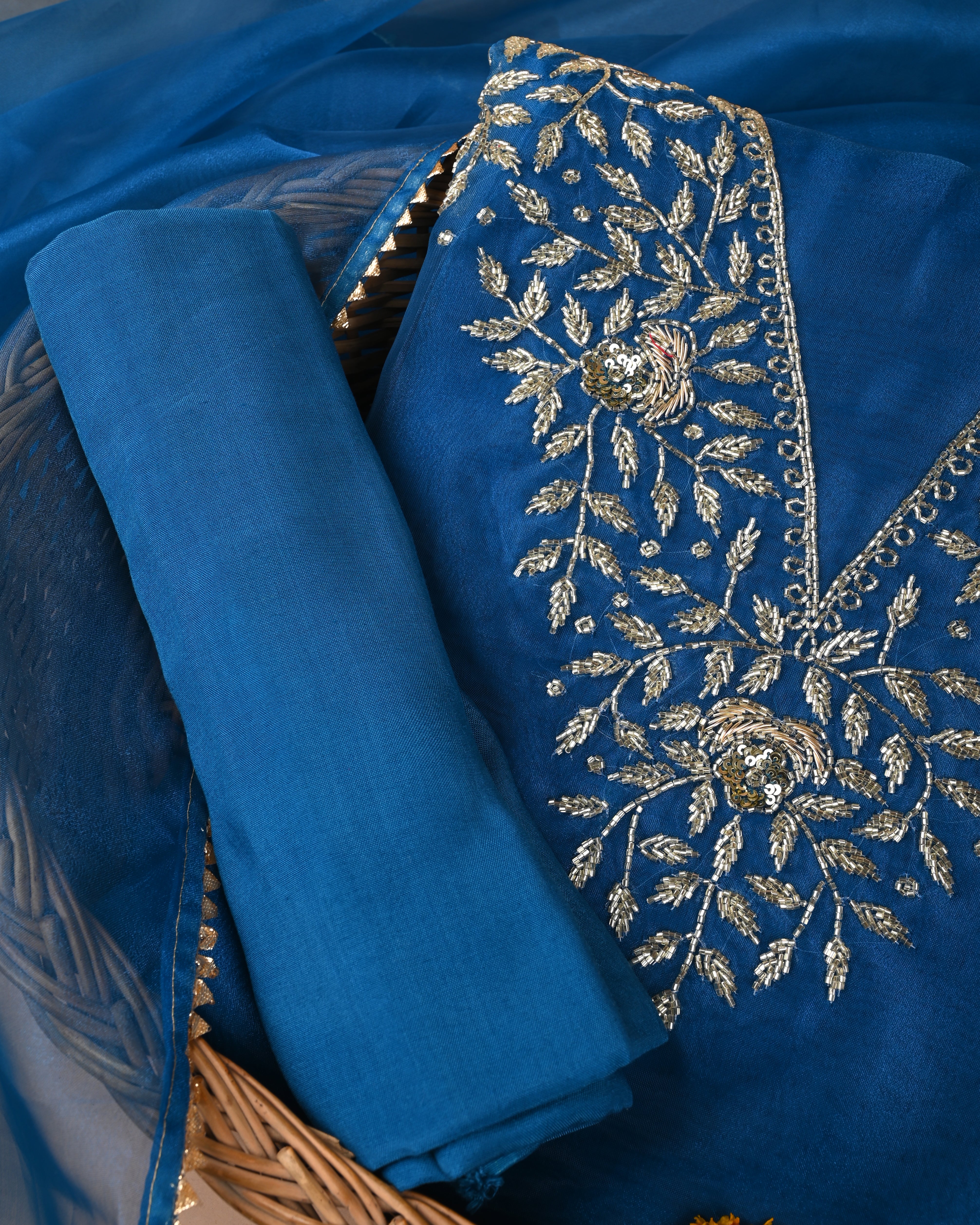 Blue Eyes Zardosi Unstitched Suit Set with V-Neck Handcrafted Detailing