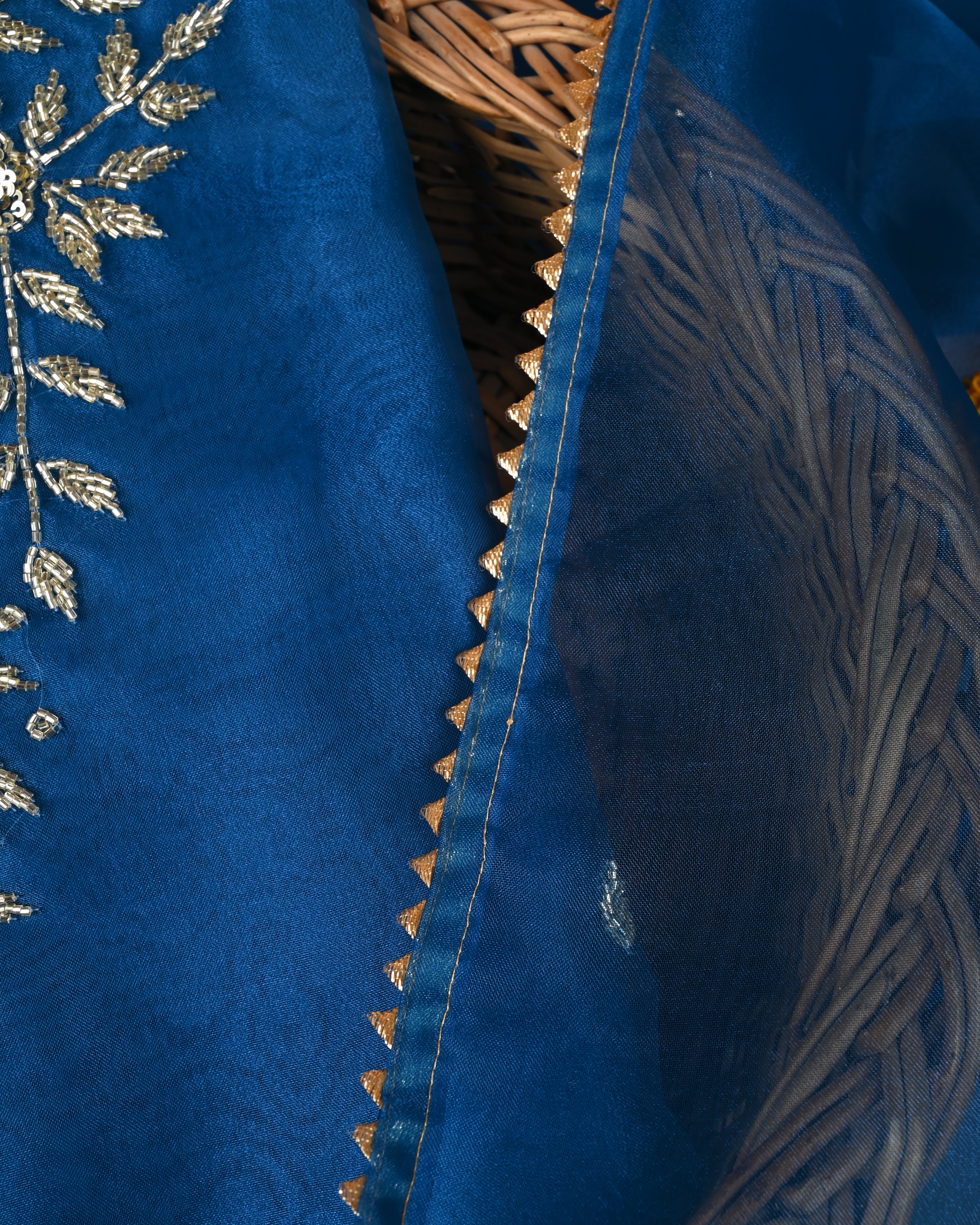 Blue Eyes Zardosi Unstitched Suit Set with V-Neck Handcrafted Detailing