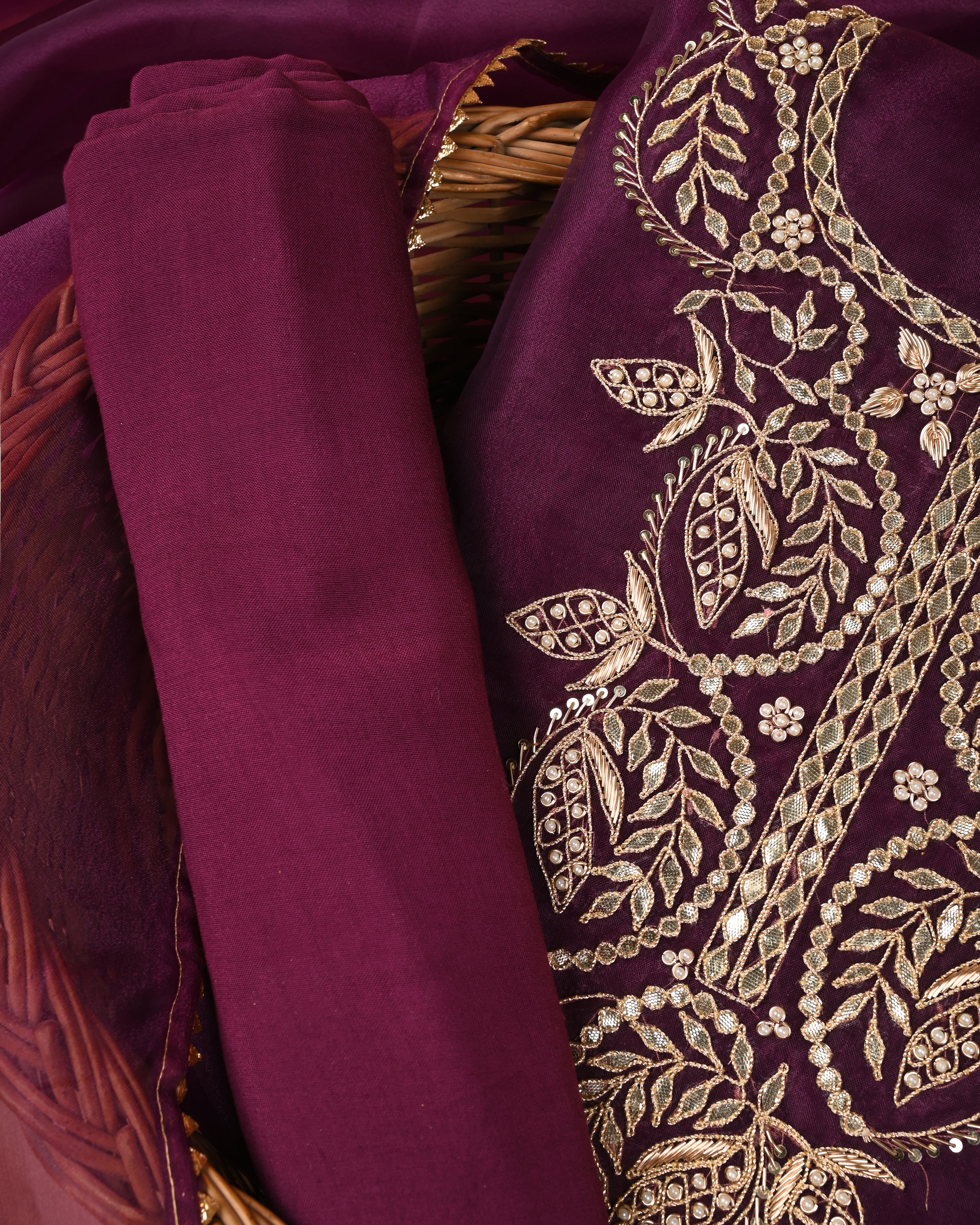 Subtle Merlot Grace Unstitched Organza Tissue Suit Set with Heritage Gota Patti, Pearl & Zardozi Handwork