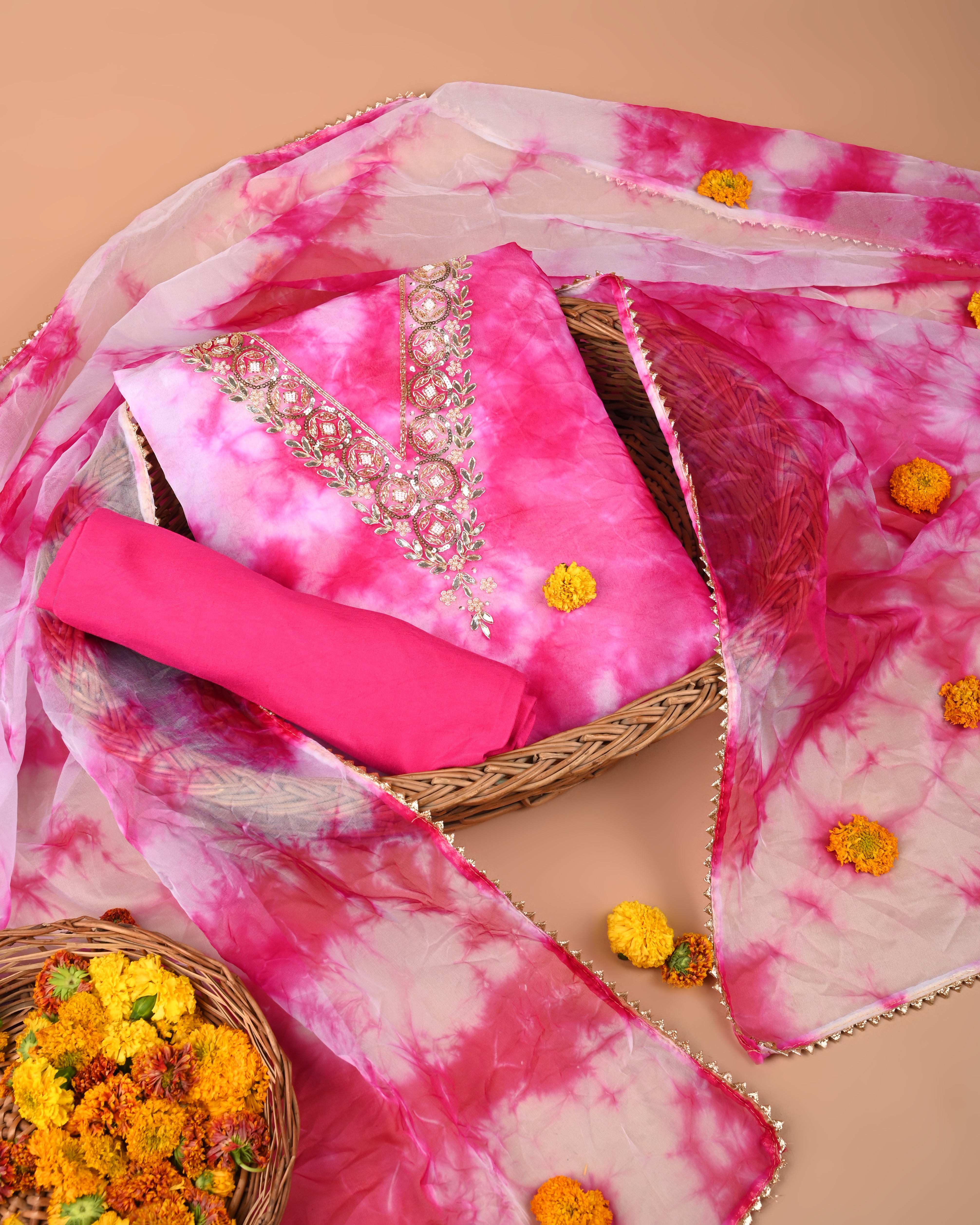 Blush Aura Unstitched Tie-Dye Organza Suit Set with Gota Patti & Pearl Embellishments