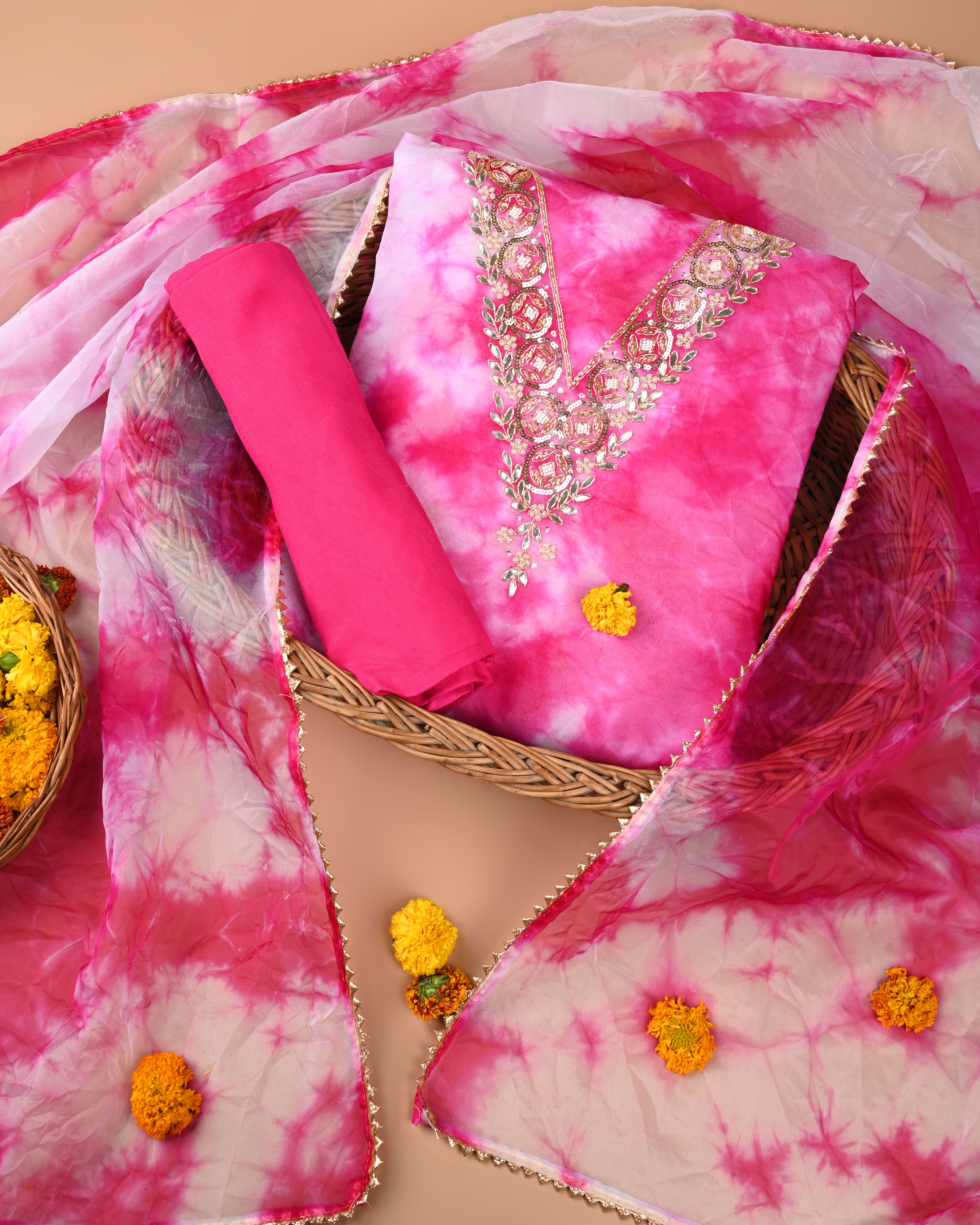 Blush Aura Unstitched Tie-Dye Organza Suit Set with Gota Patti & Pearl Embellishments