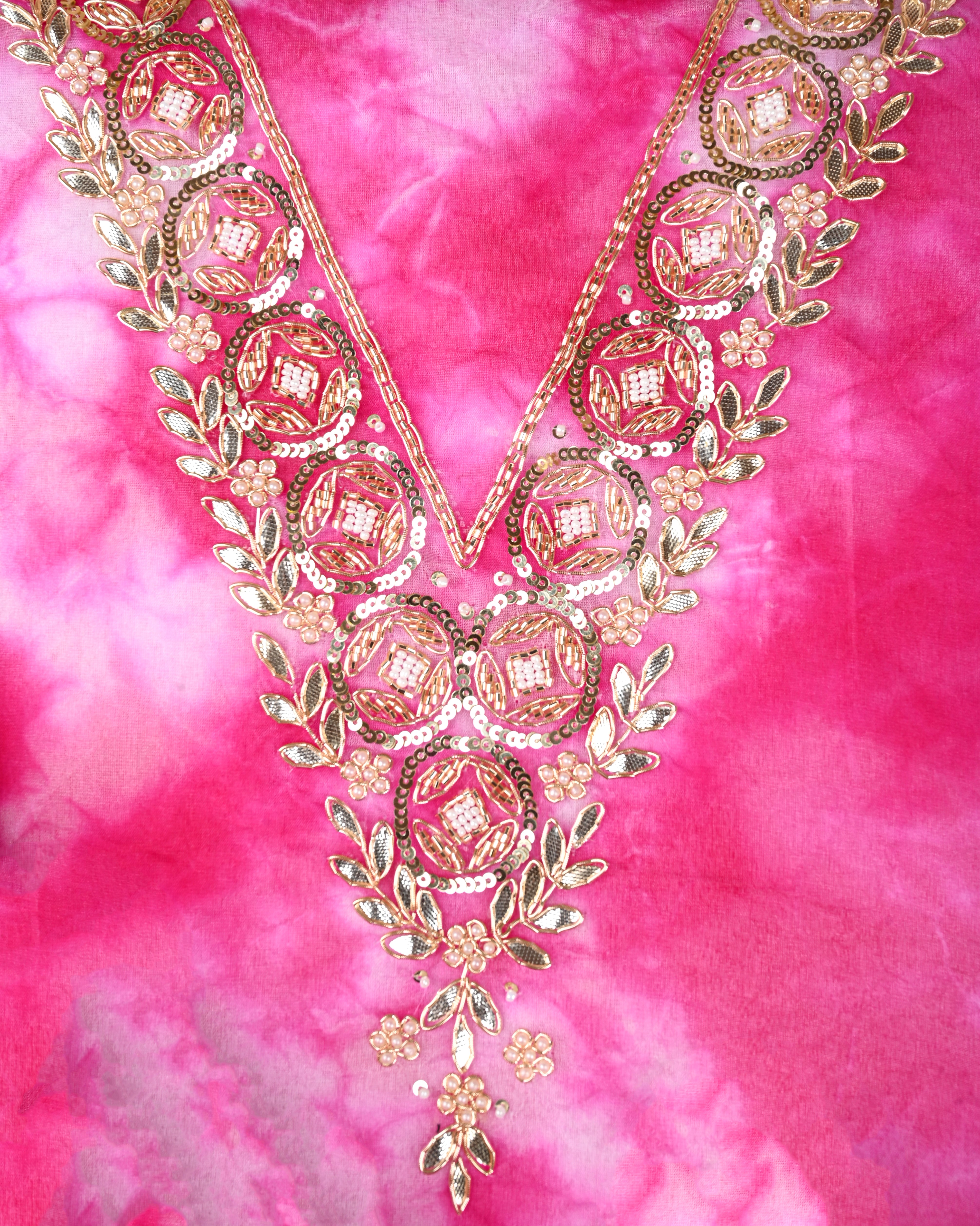 Blush Aura Unstitched Tie-Dye Organza Suit Set with Gota Patti & Pearl Embellishments