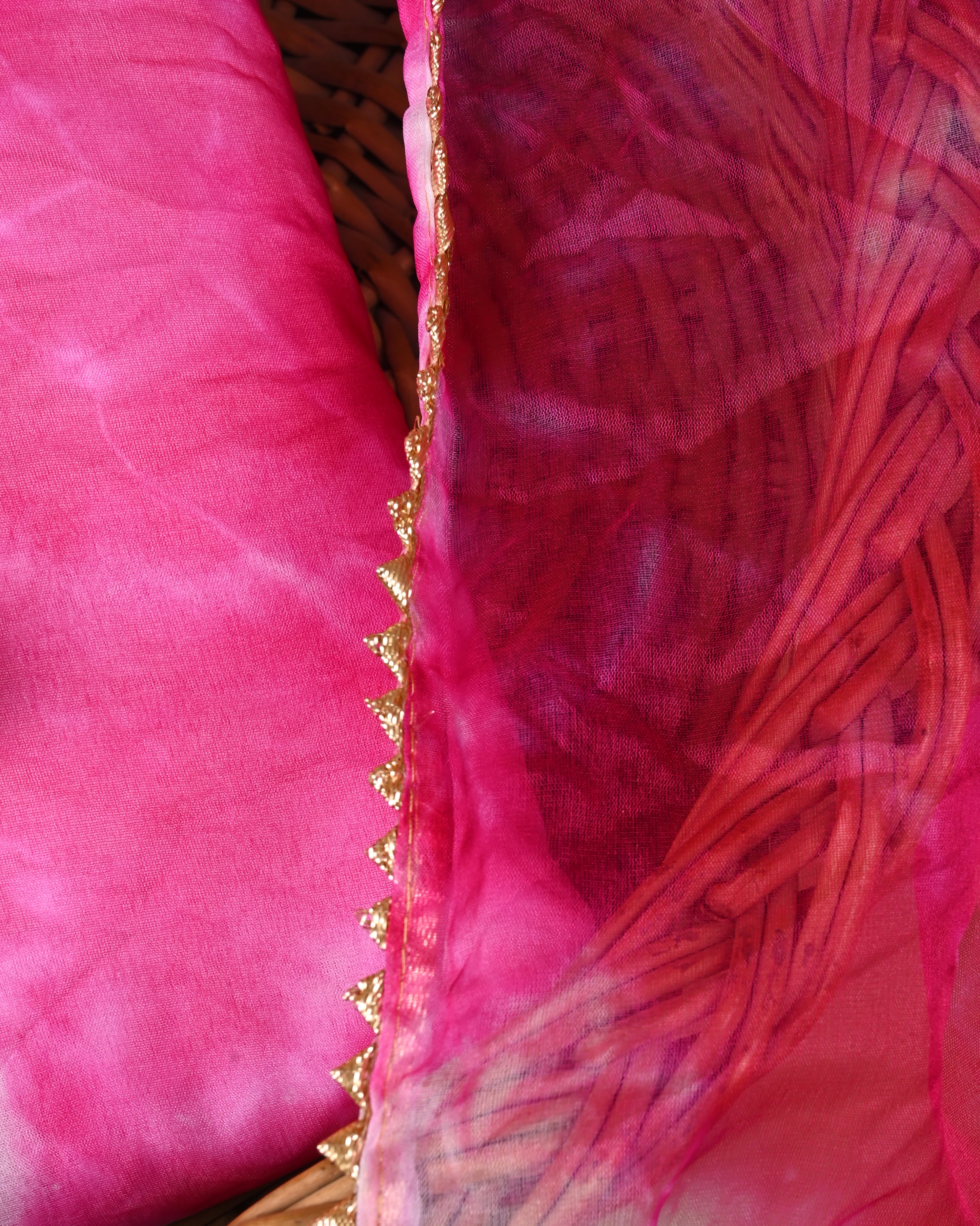 Blush Aura Unstitched Tie-Dye Organza Suit Set with Gota Patti & Pearl Embellishments