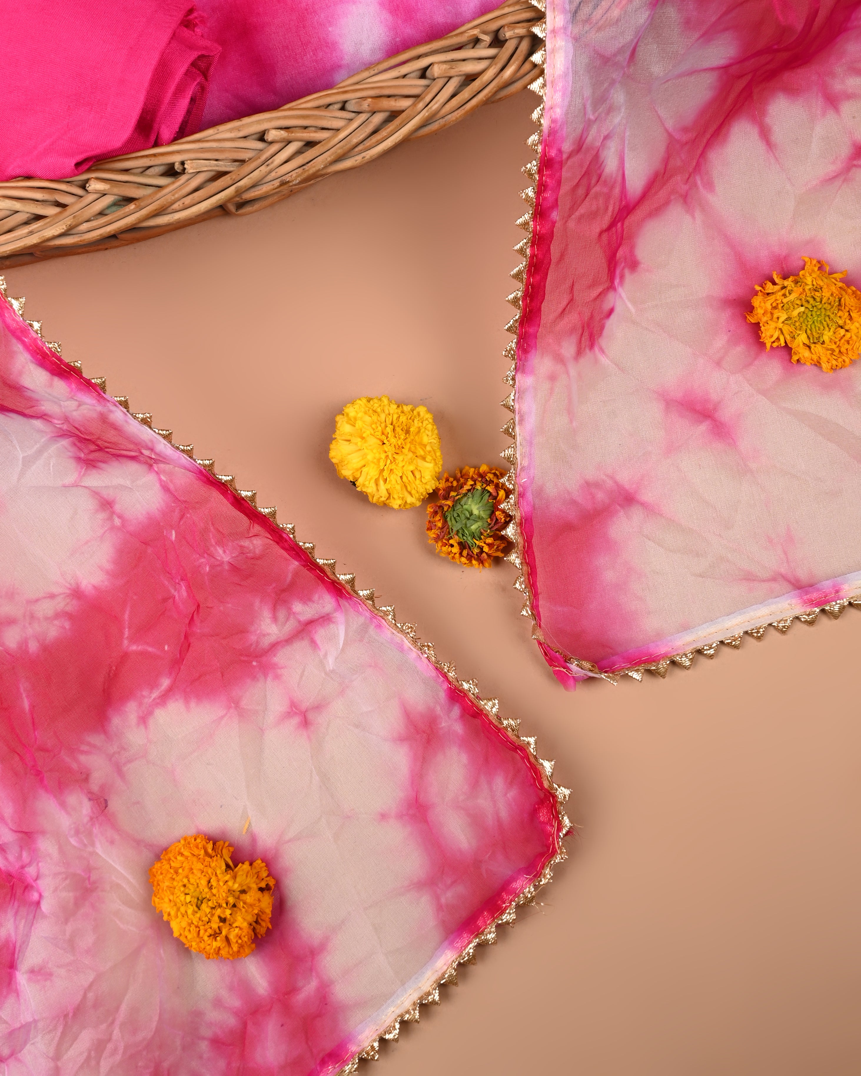 Blush Aura Unstitched Tie-Dye Organza Suit Set with Gota Patti & Pearl Embellishments