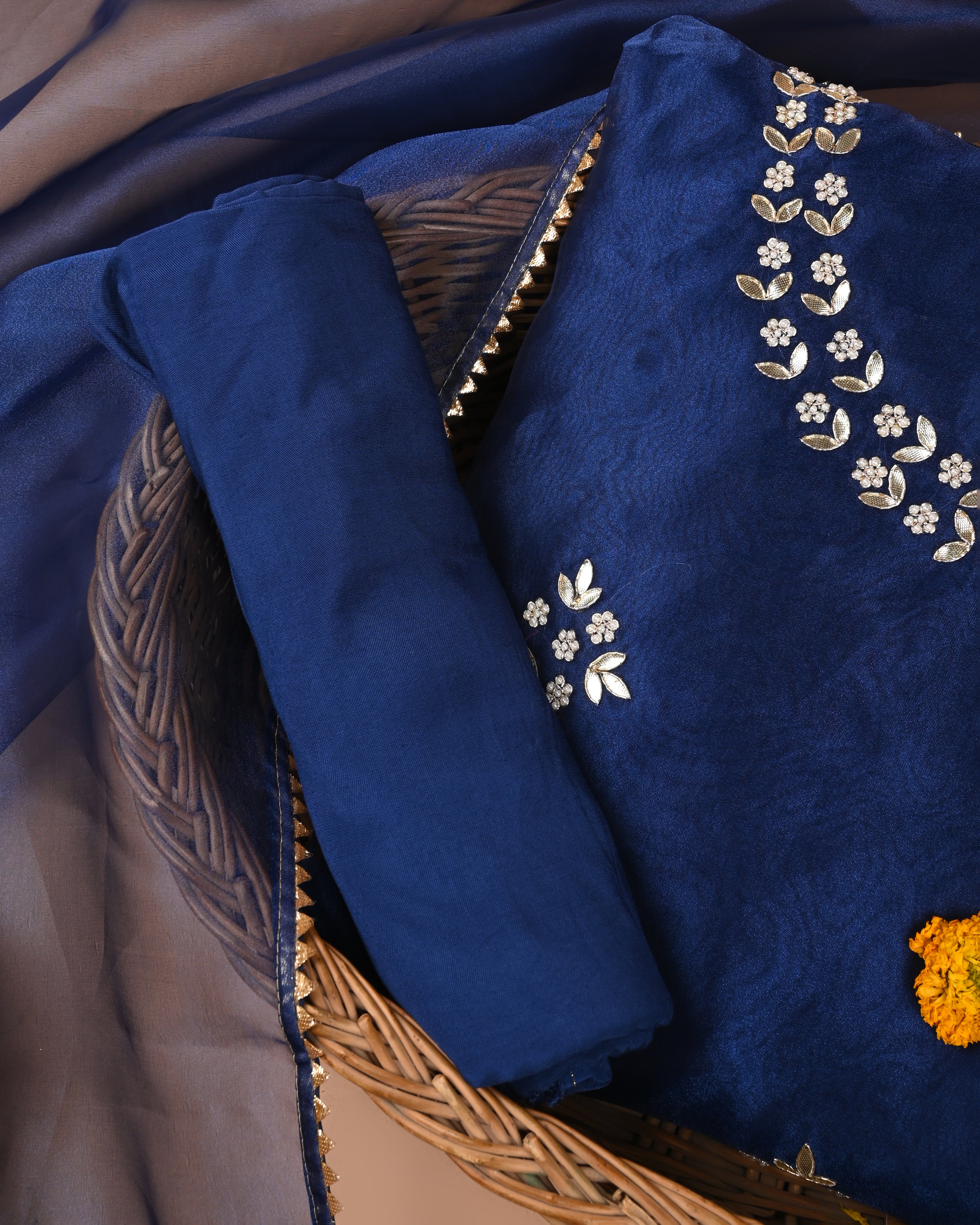 Berry Blue Bloom Unstitched Organza Tissue Suit Set with Gota Patti & Pearl Handwork