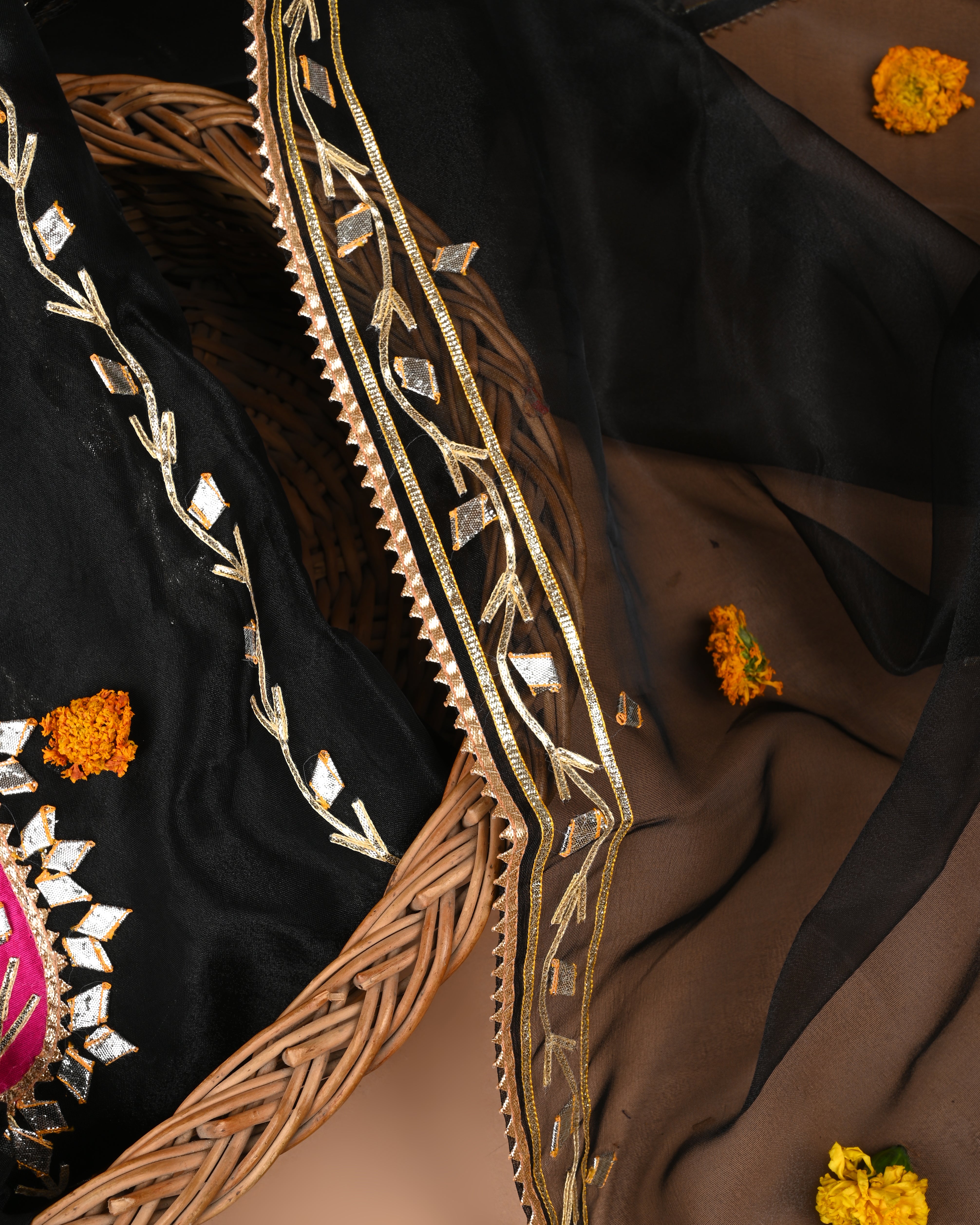 Noir Bloom Unstitched Black Organza Tissue Suit Set with Vibrant Gota Patti Embroidery