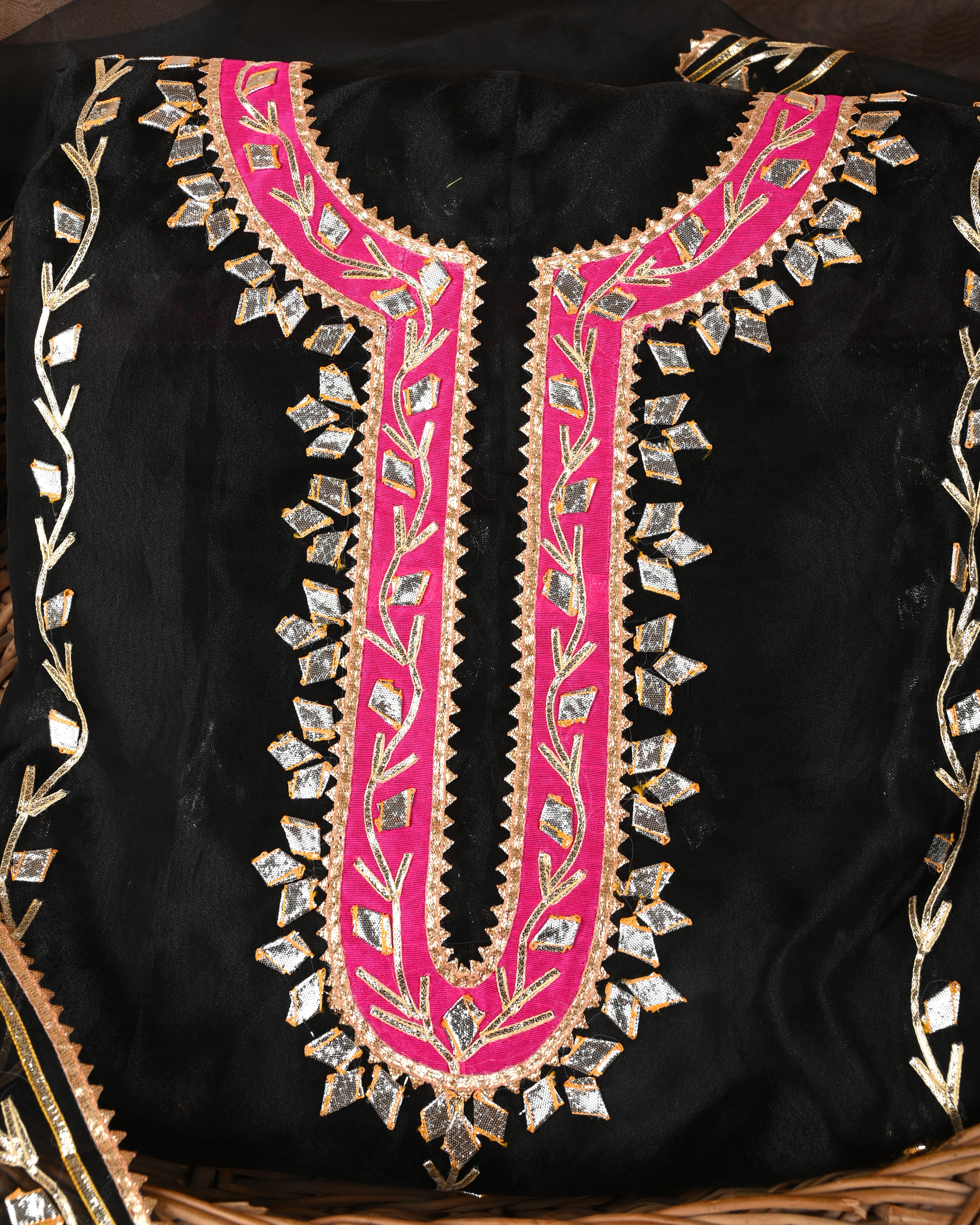 Noir Bloom Unstitched Black Organza Tissue Suit Set with Vibrant Gota Patti Embroidery