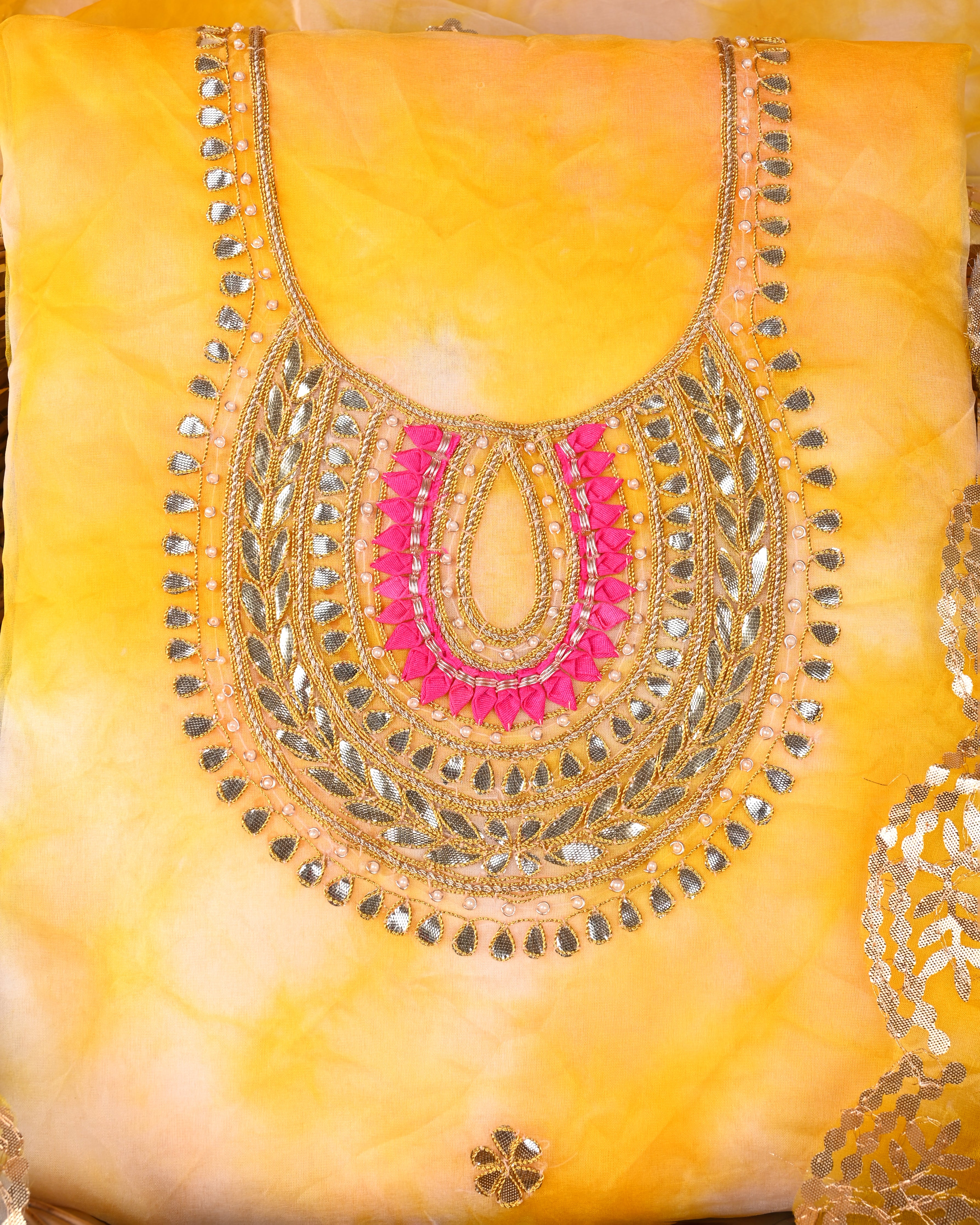 Sunlit Rani Unstitched Tie & Dye Organza Suit Set with Gota Patti & Rani Thread Embroidery