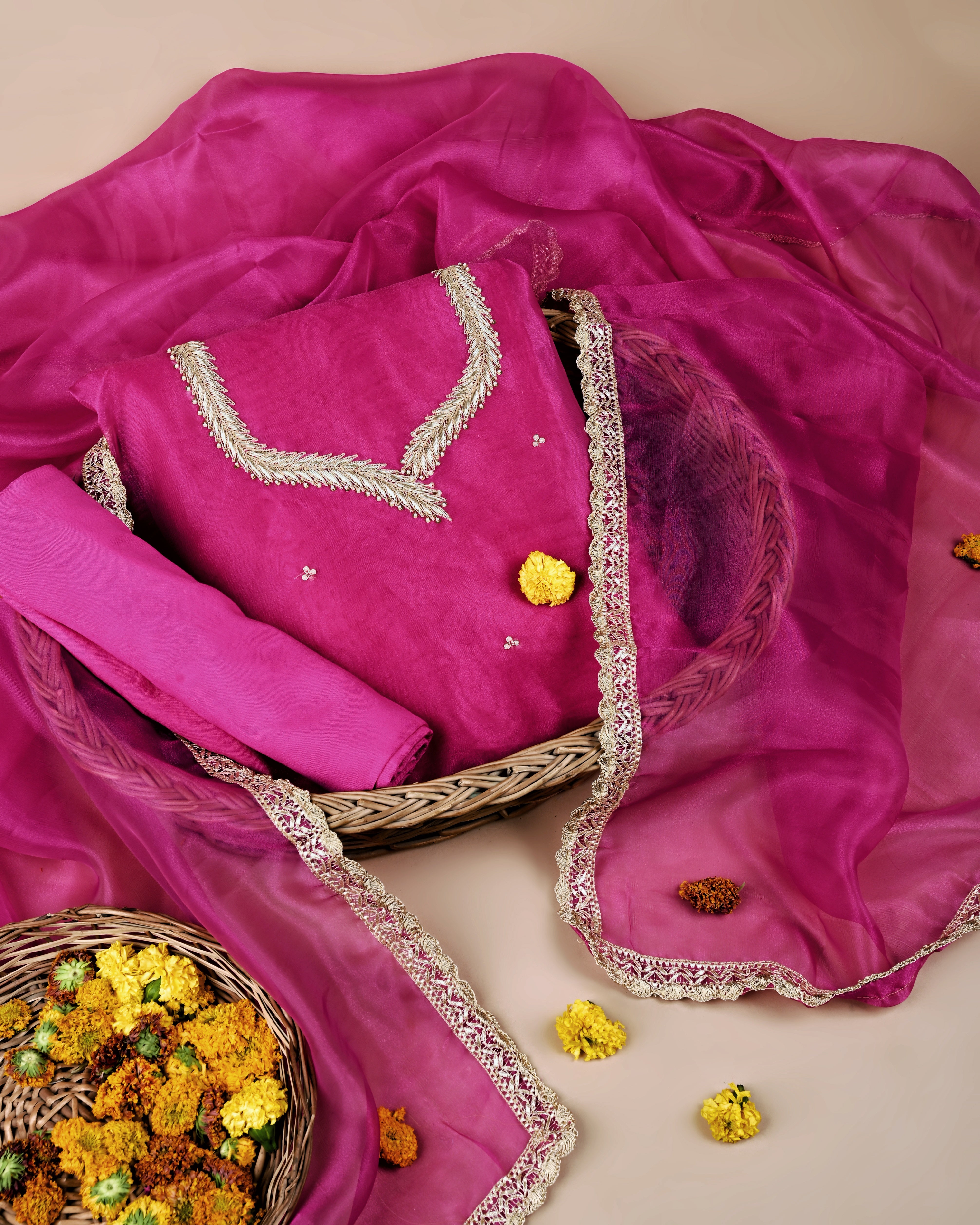 Rangroz Radiance Unstitched Hot Pink Organza Tissue Suit with Heavy Zardosi & Gota Patti Work