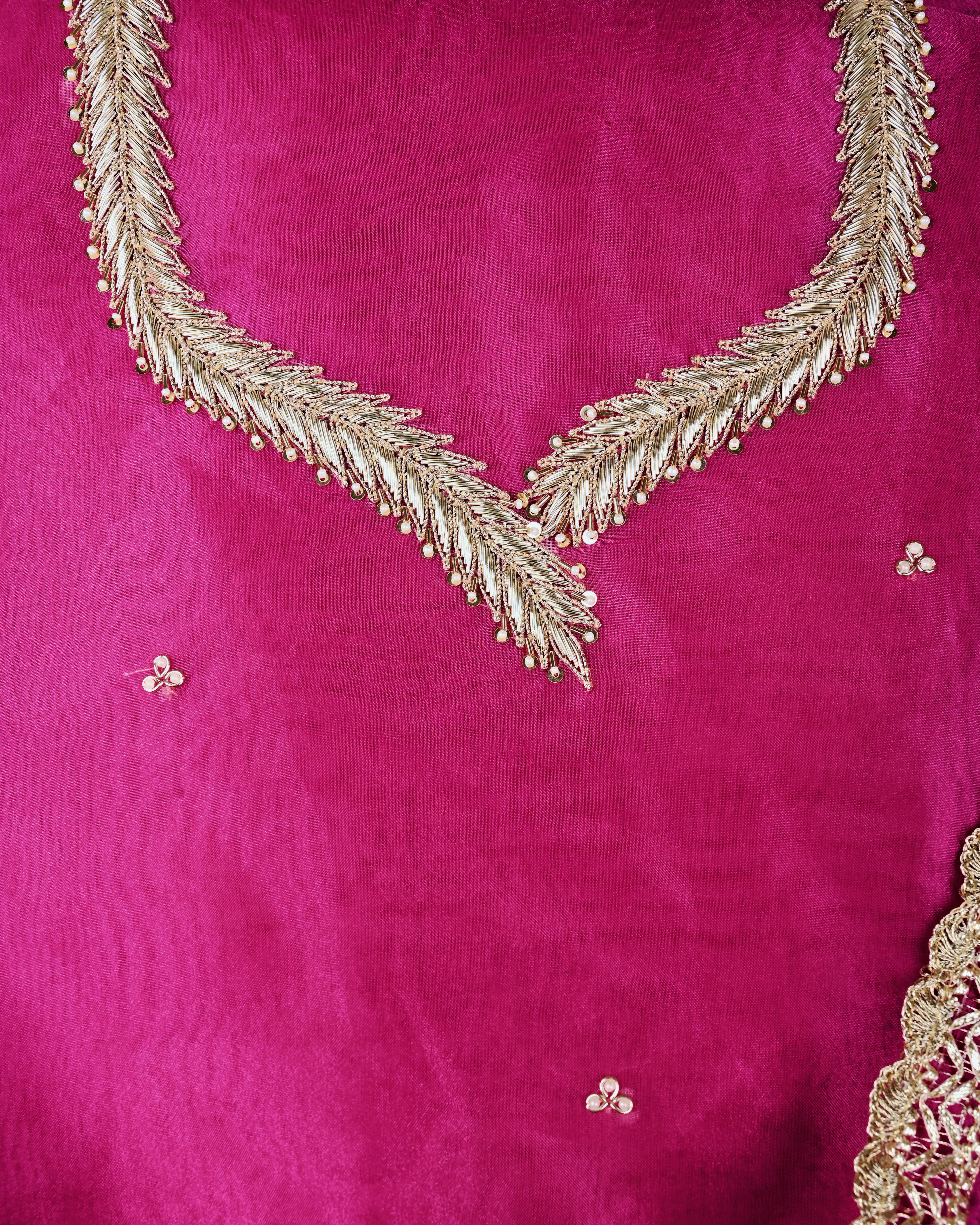 Rangroz Radiance Unstitched Hot Pink Organza Tissue Suit with Heavy Zardosi & Gota Patti Work