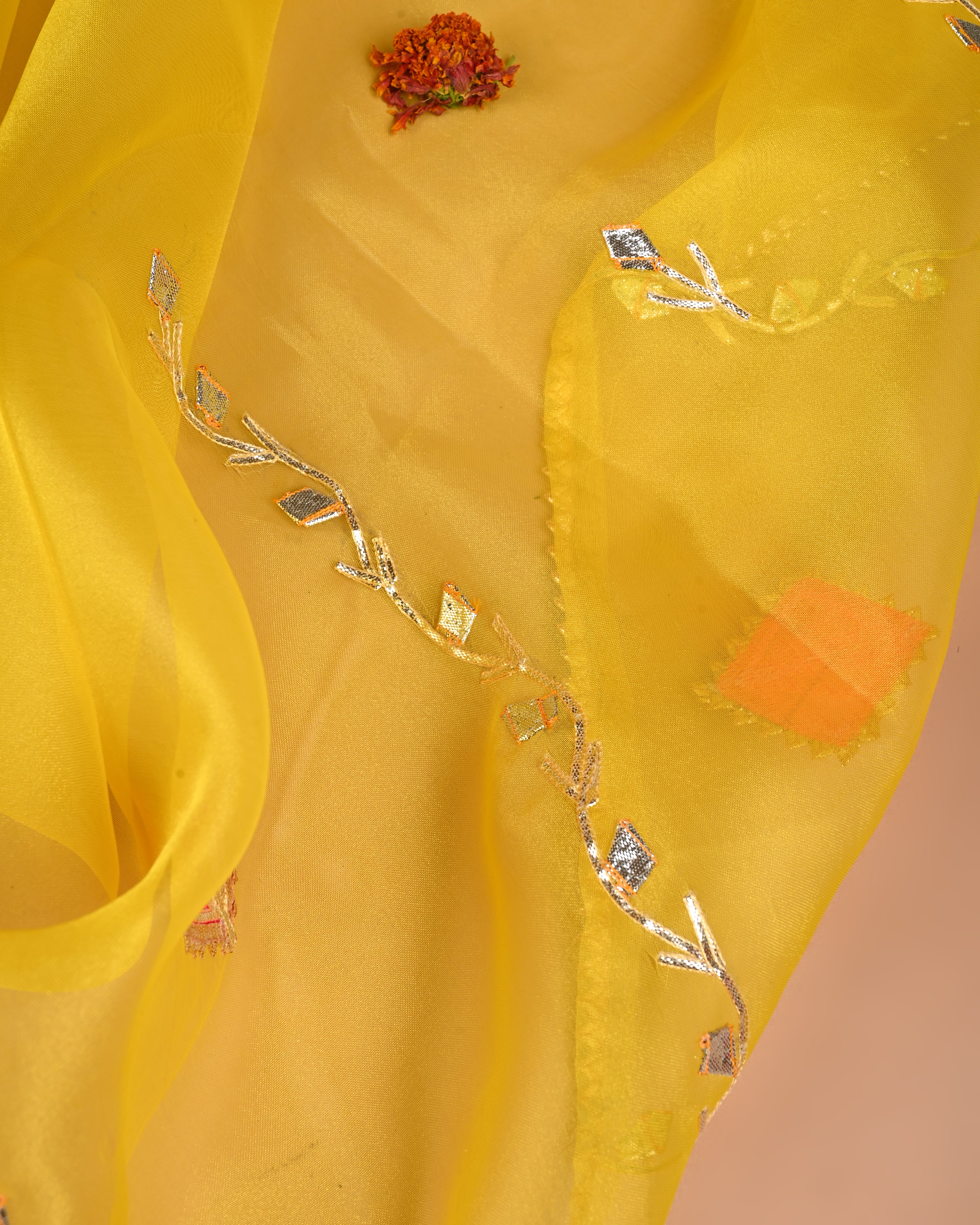 Macaroon Yellow & Rani Pink Unstitched Organza Tissue Suit with Opulent Gota Patti Embroidery