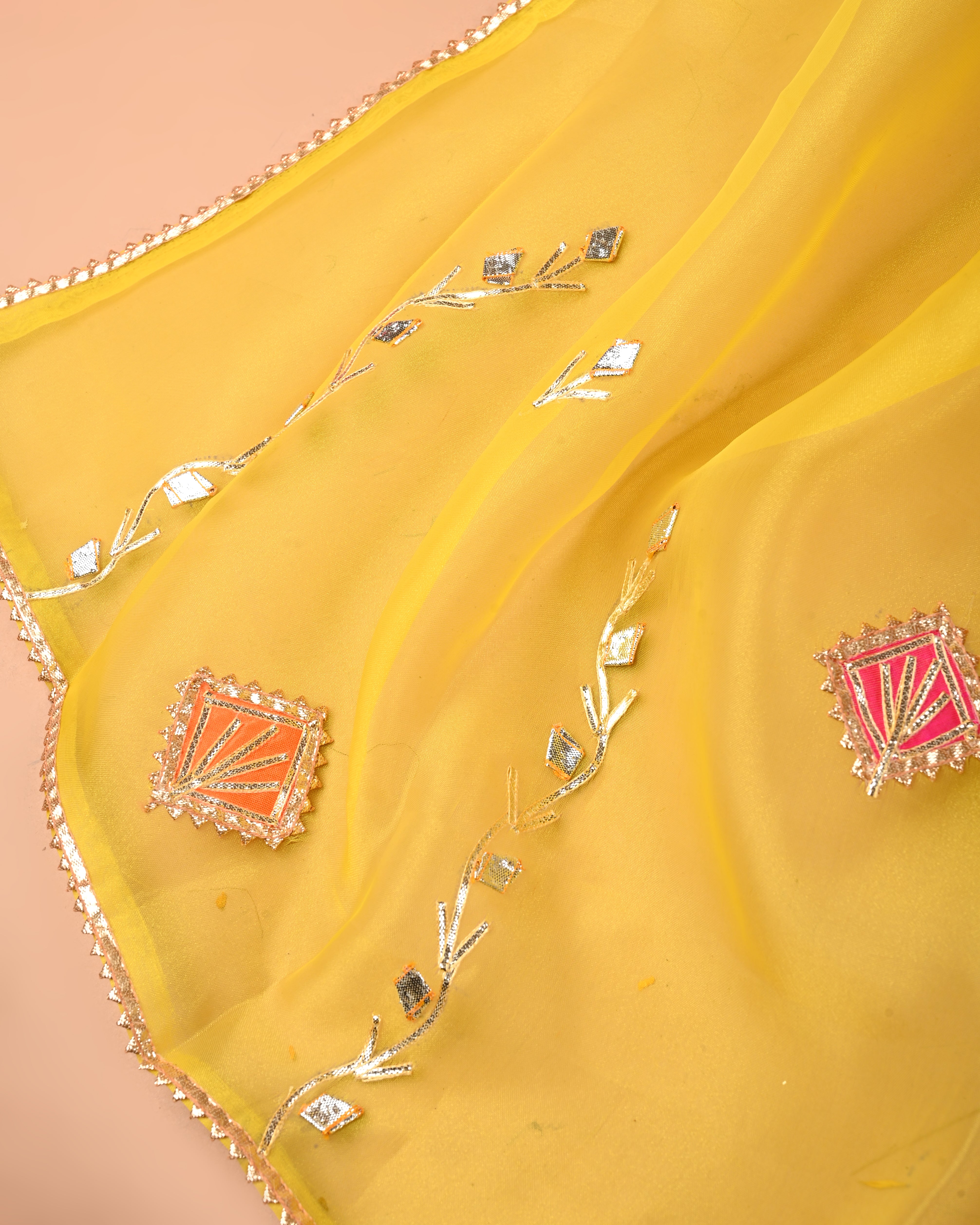 Macaroon Yellow & Rani Pink Unstitched Organza Tissue Suit with Opulent Gota Patti Embroidery