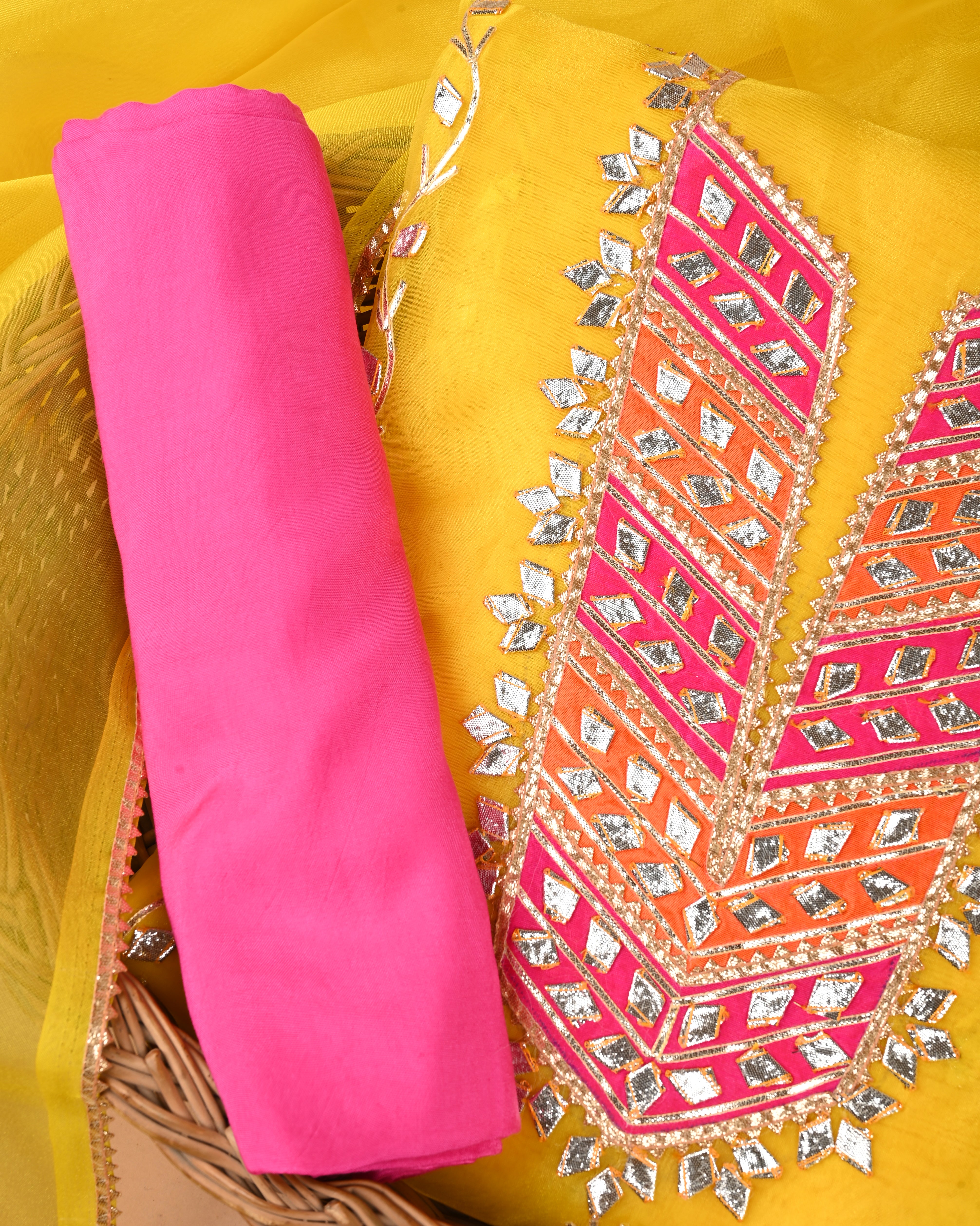 Macaroon Yellow & Rani Pink Unstitched Organza Tissue Suit with Opulent Gota Patti Embroidery