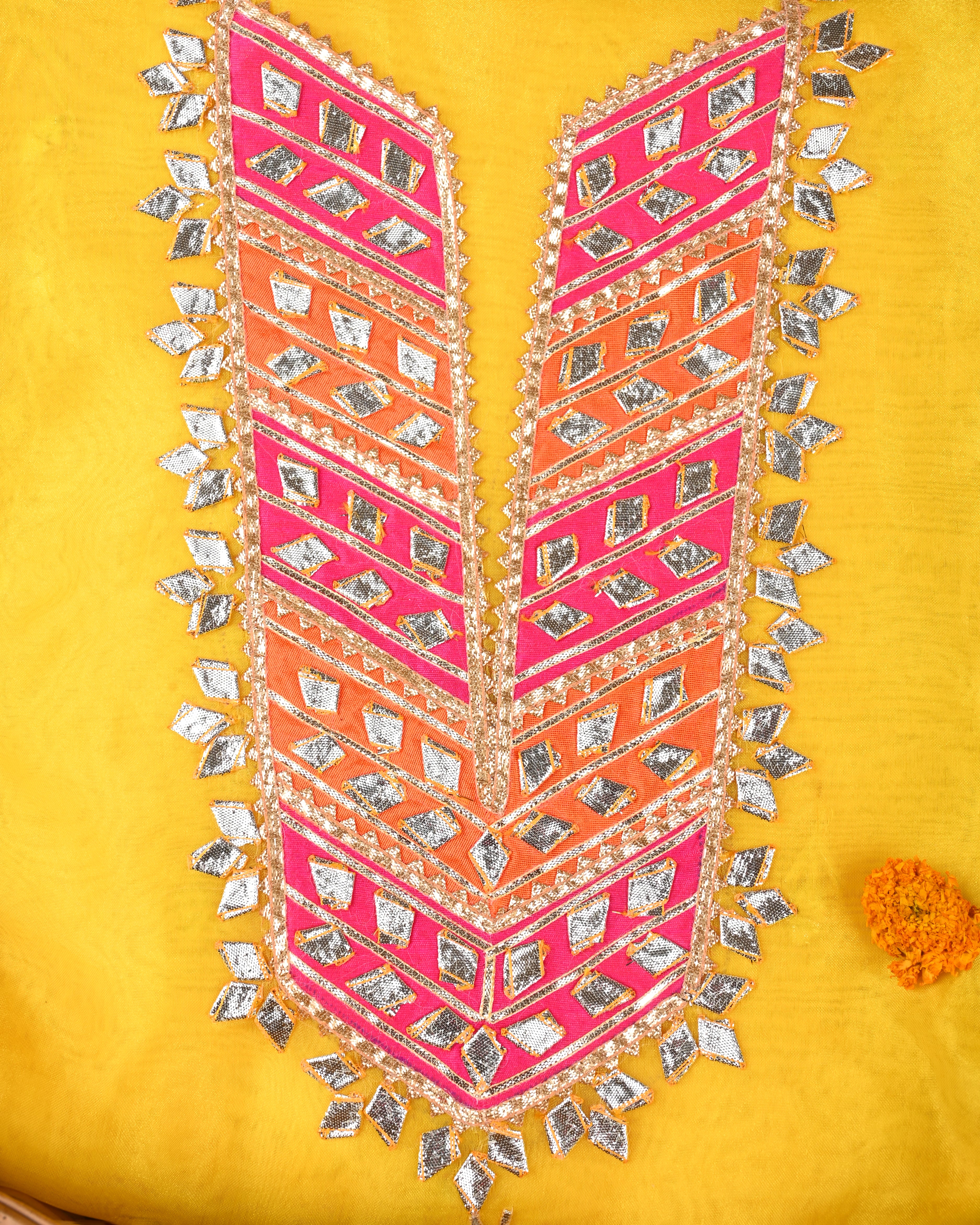Macaroon Yellow & Rani Pink Unstitched Organza Tissue Suit with Opulent Gota Patti Embroidery