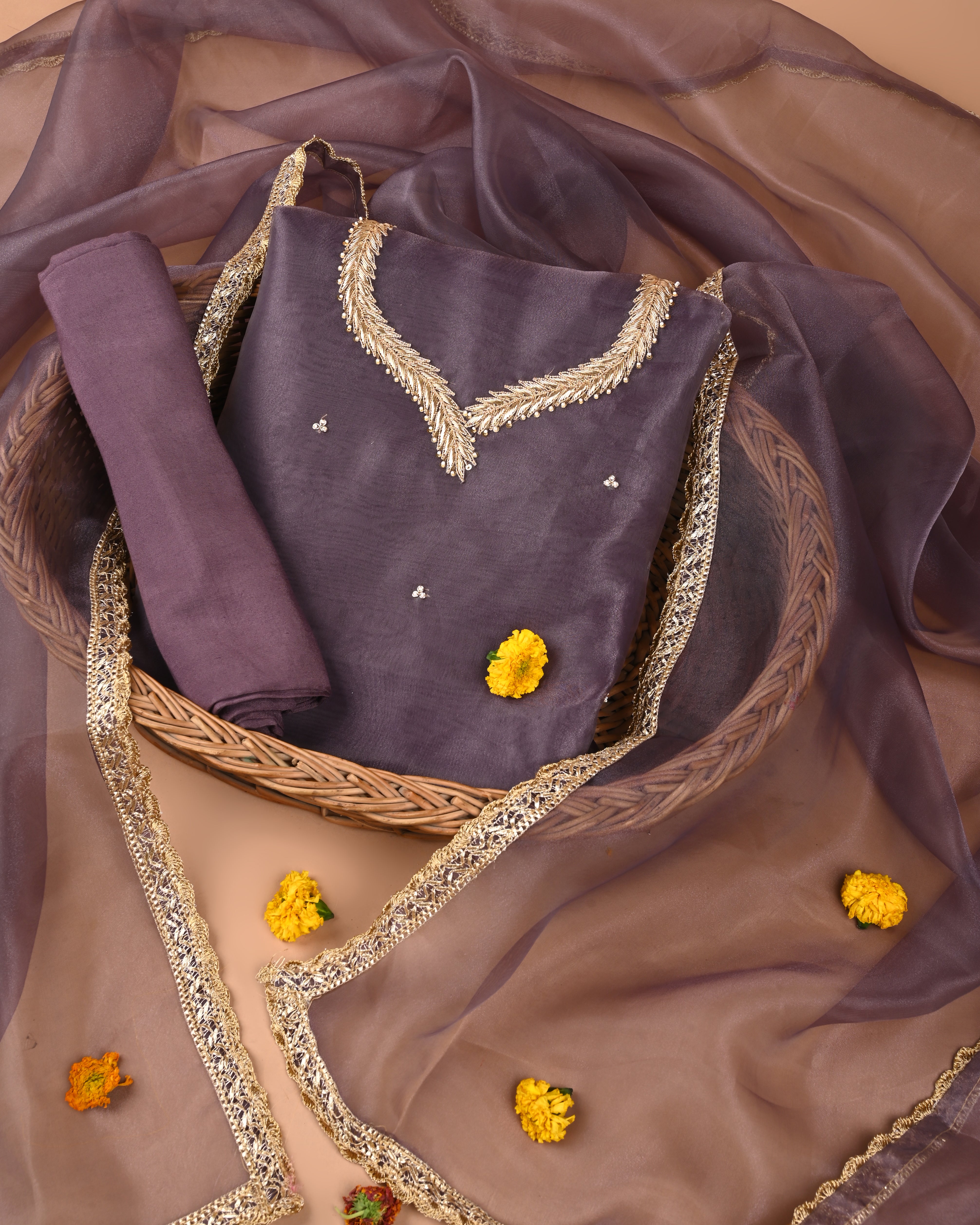 Royal Lavender Unstitched Organza Tissue Suit with Heavy Zardosi & Gota Patti Work