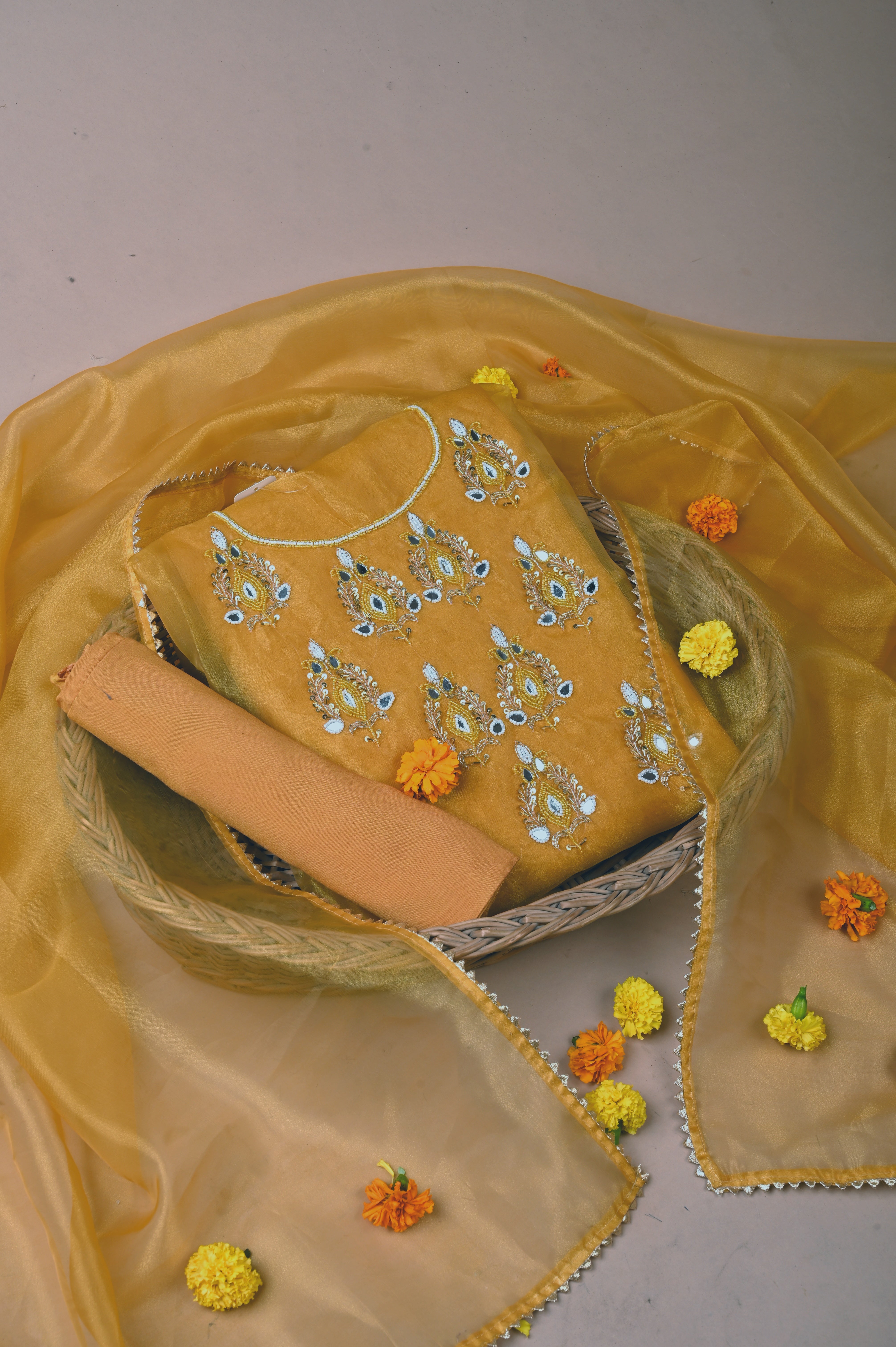 Biscotti Mustard Heritage Glow Unstitched Suit Set in Organza Tissue Silk