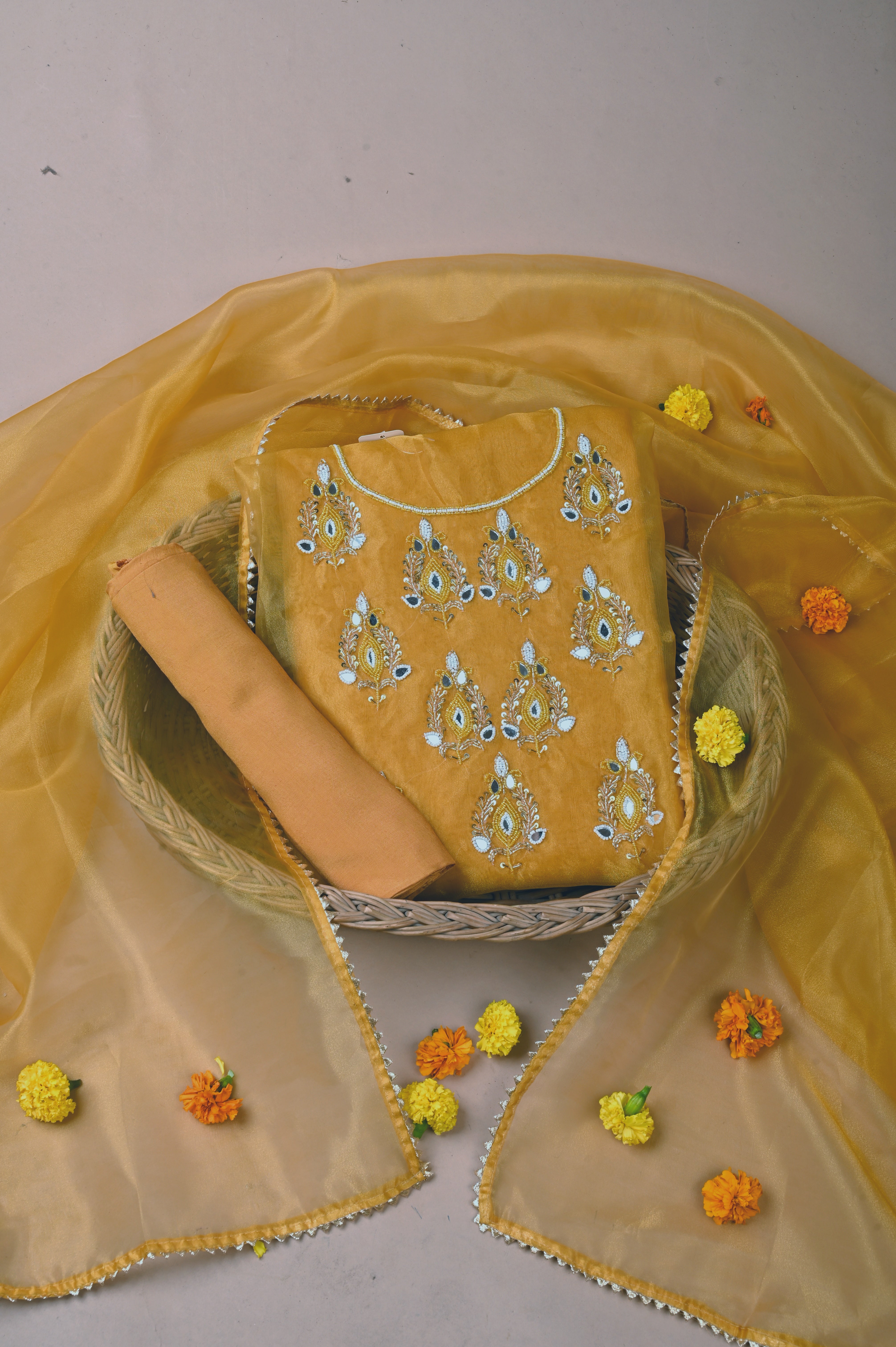 Biscotti Mustard Heritage Glow Unstitched Suit Set in Organza Tissue Silk