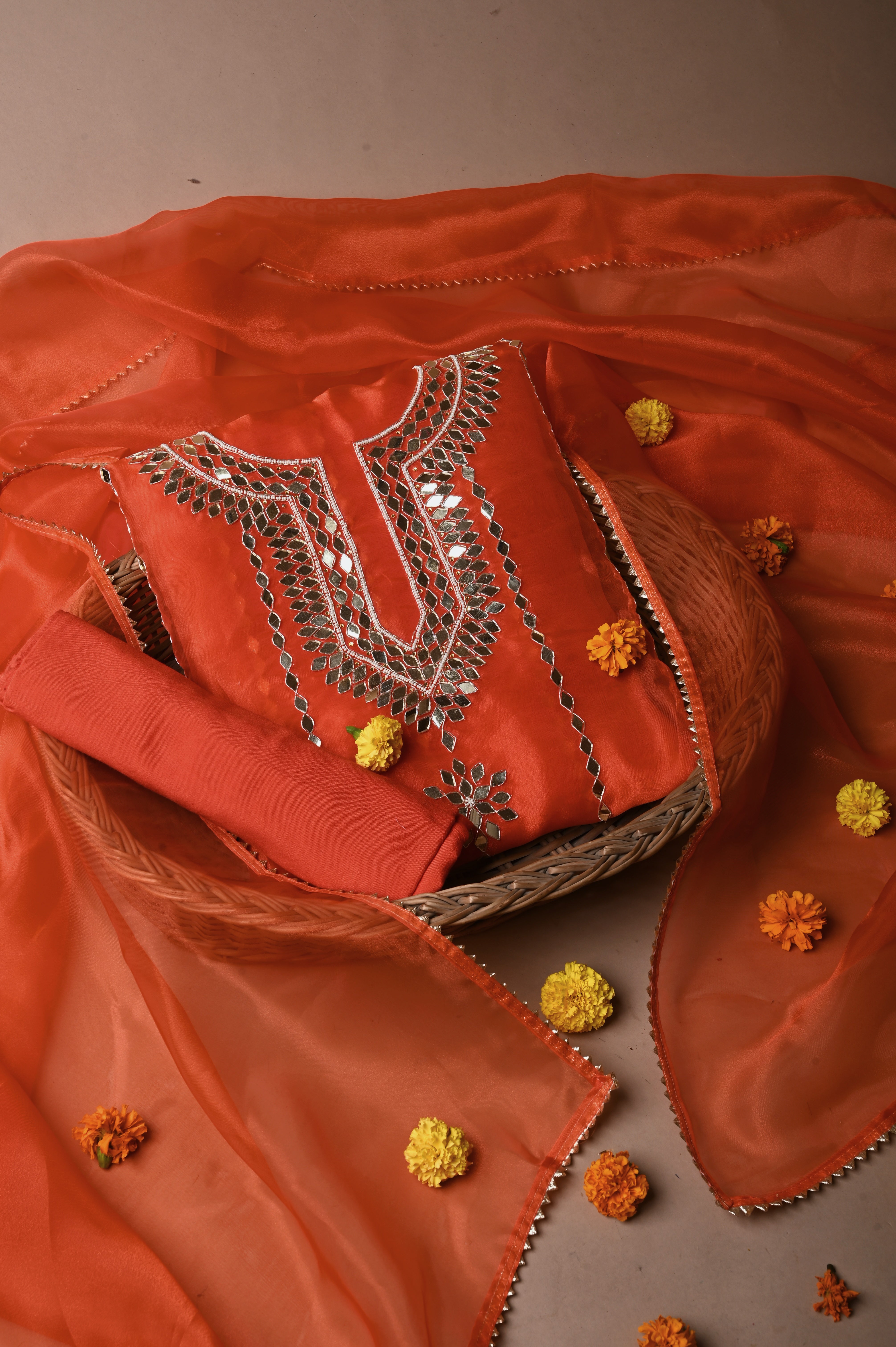 Fire Orange Mirror Muse Unstitched Wedding Suit Set in Premium Organza Tissue