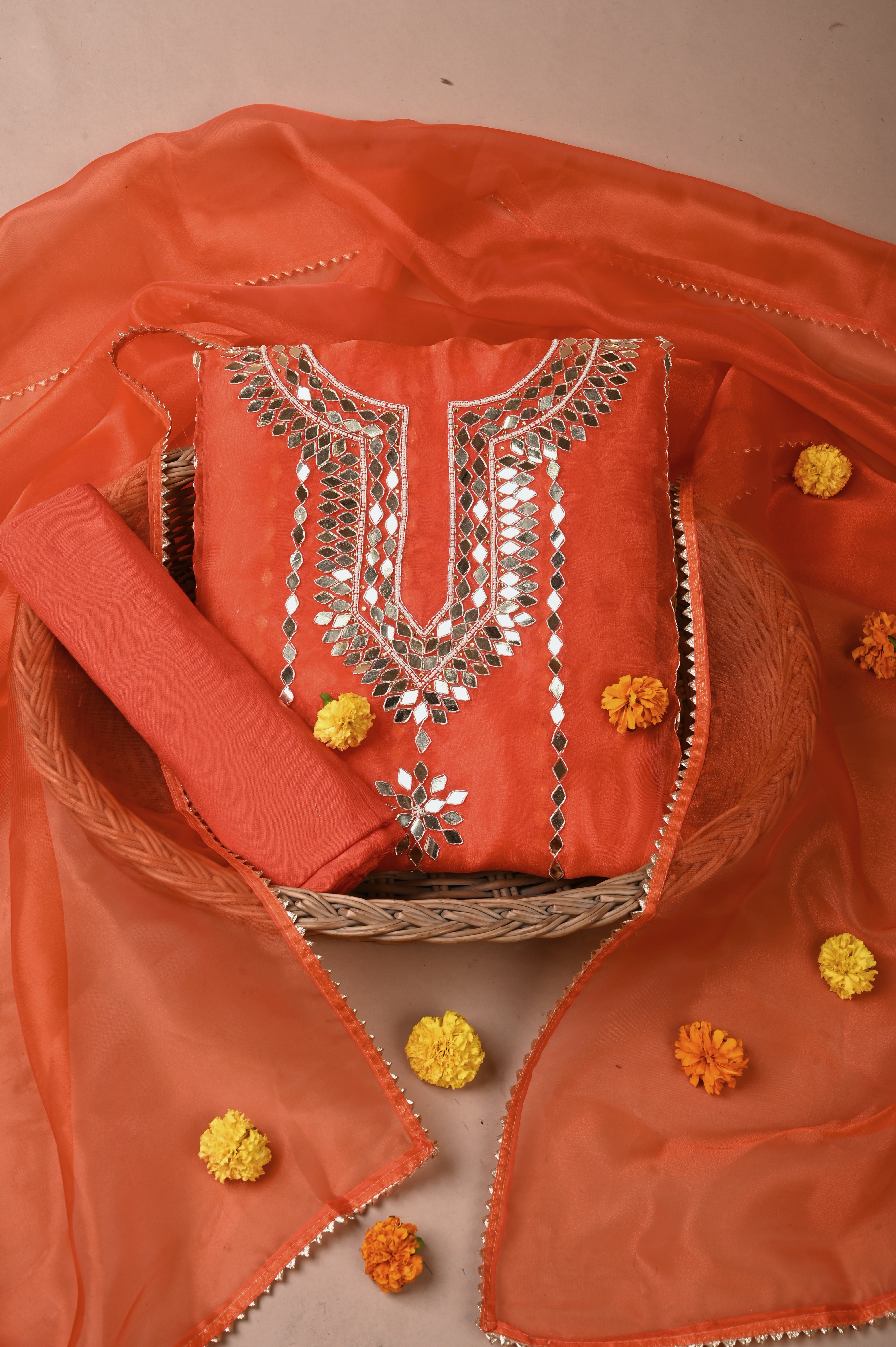 Fire Orange Mirror Muse Unstitched Wedding Suit Set in Premium Organza Tissue