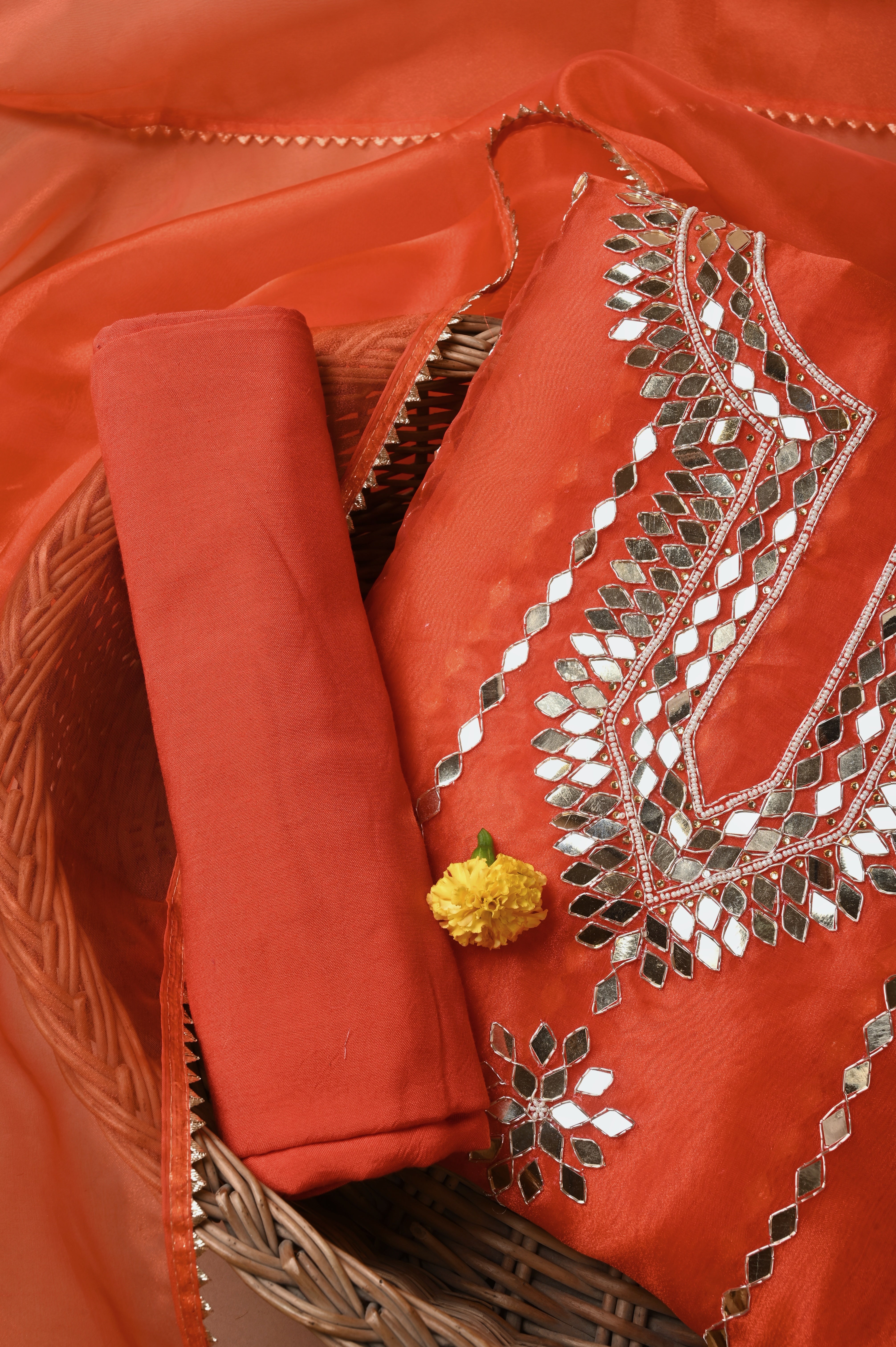 Fire Orange Mirror Muse Unstitched Wedding Suit Set in Premium Organza Tissue