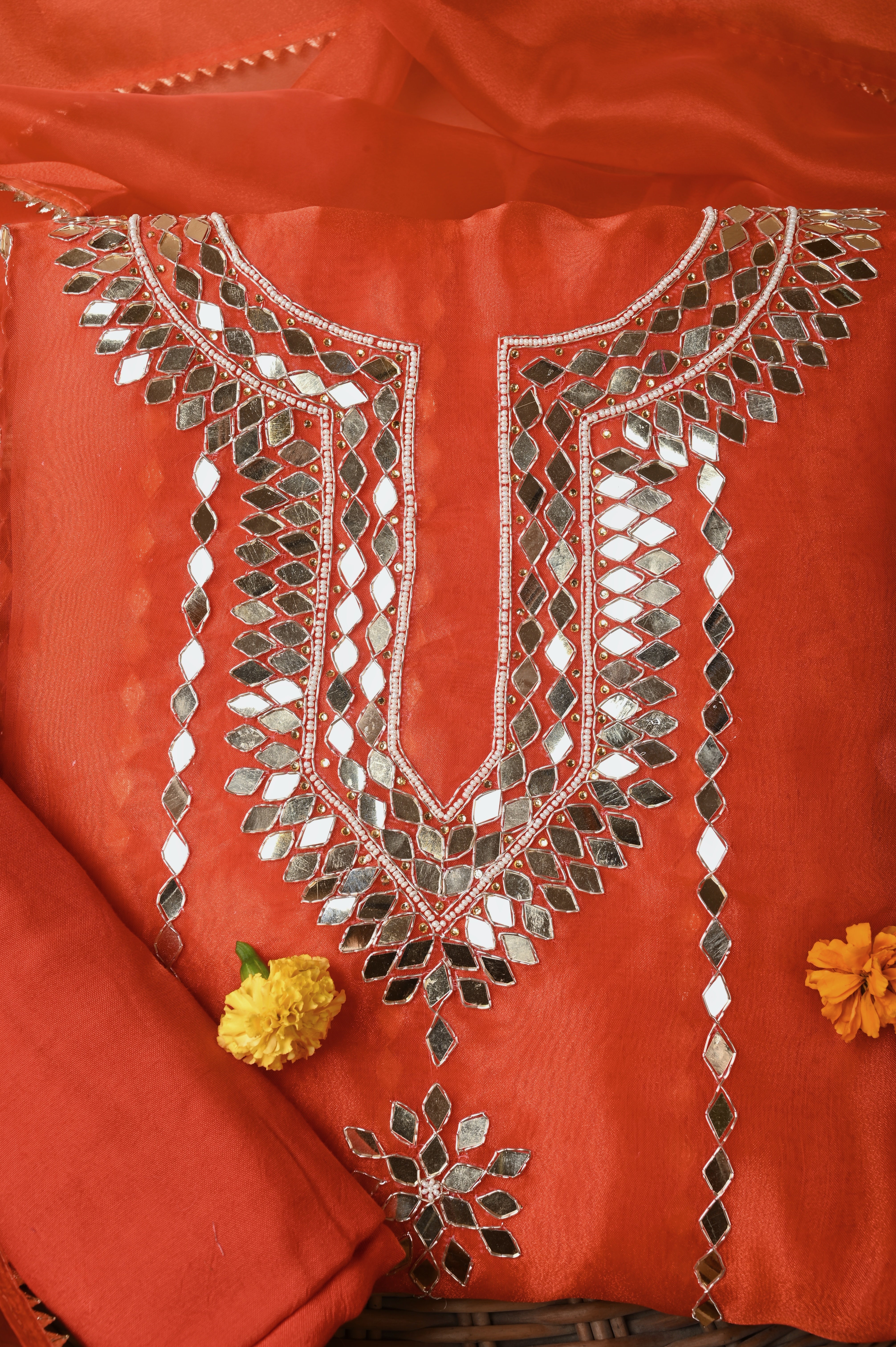 Fire Orange Mirror Muse Unstitched Wedding Suit Set in Premium Organza Tissue