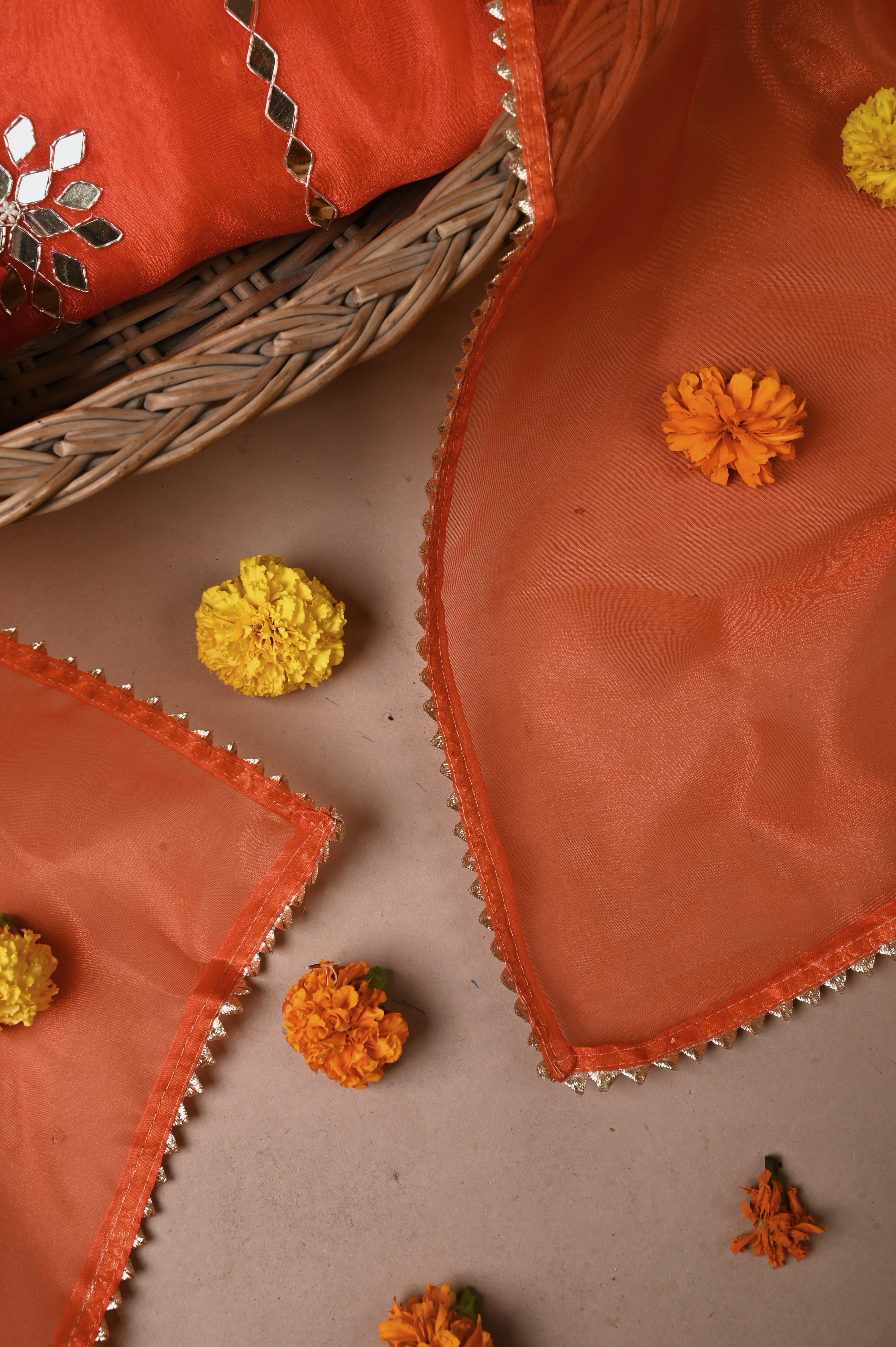 Fire Orange Mirror Muse Unstitched Wedding Suit Set in Premium Organza Tissue