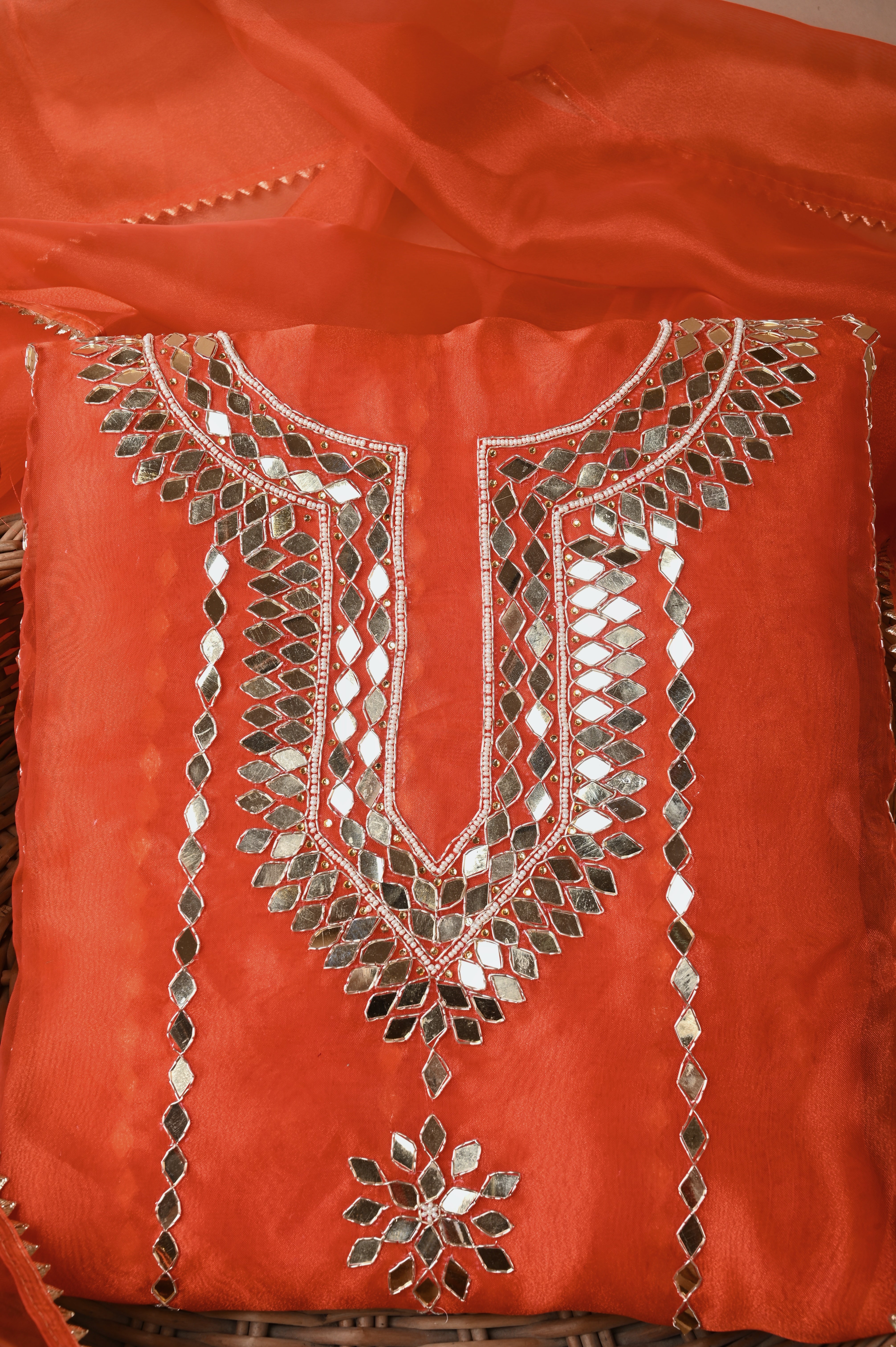 Fire Orange Mirror Muse Unstitched Wedding Suit Set in Premium Organza Tissue