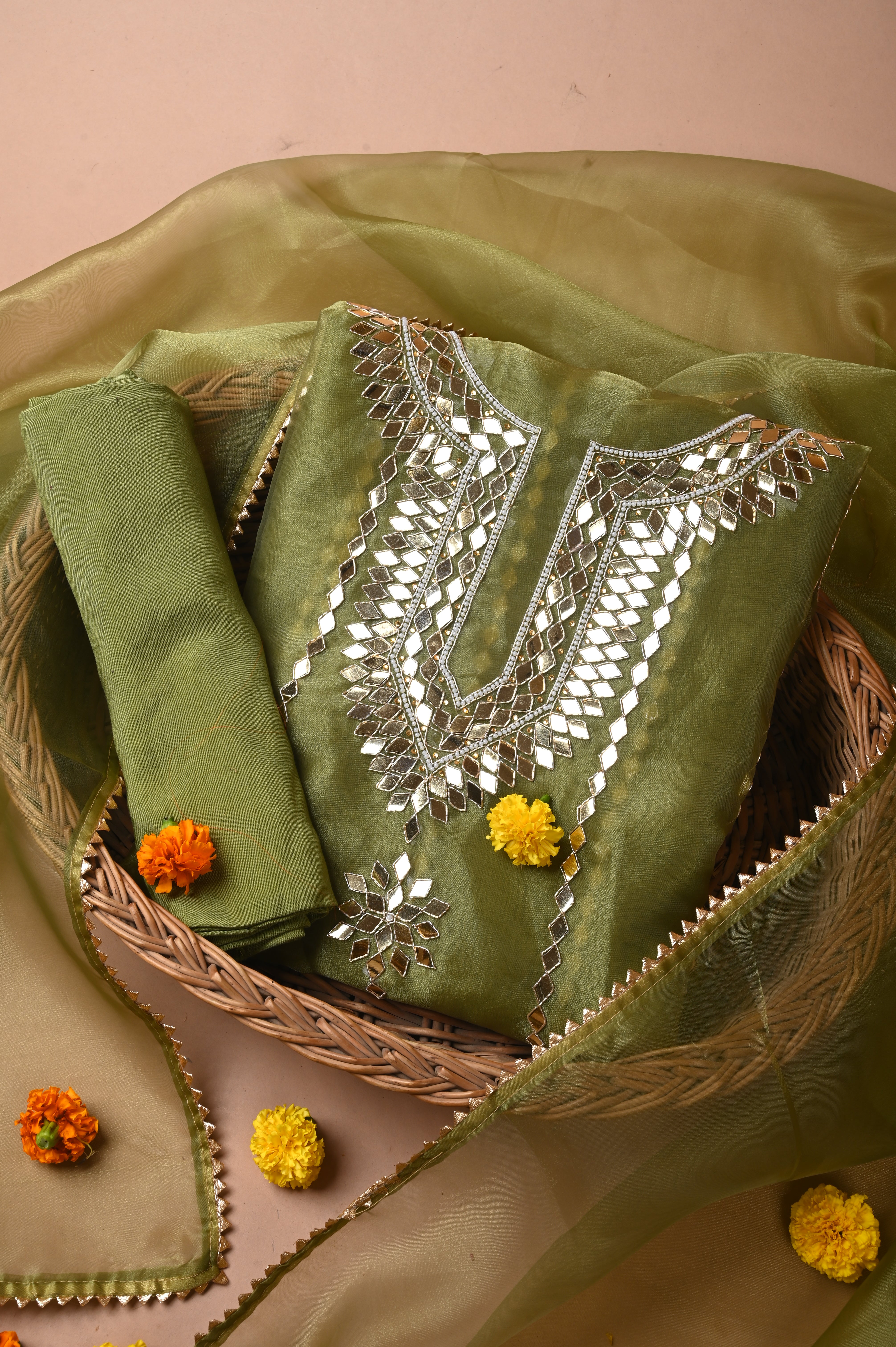 Moss Green Mirror Luxe Unstitched Wedding Suit Set in Premium Organza Tissue