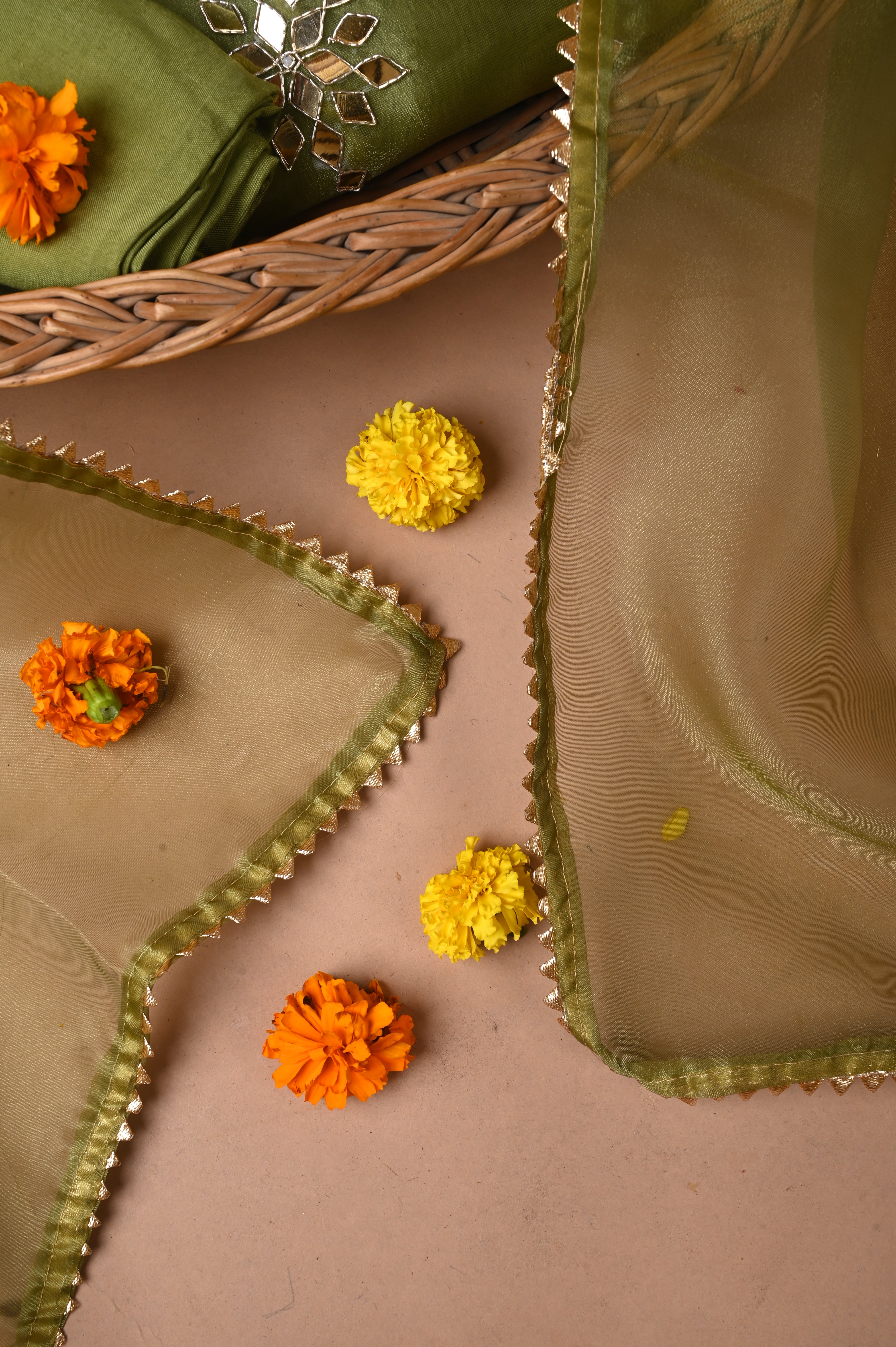 Moss Green Mirror Luxe Unstitched Wedding Suit Set in Premium Organza Tissue