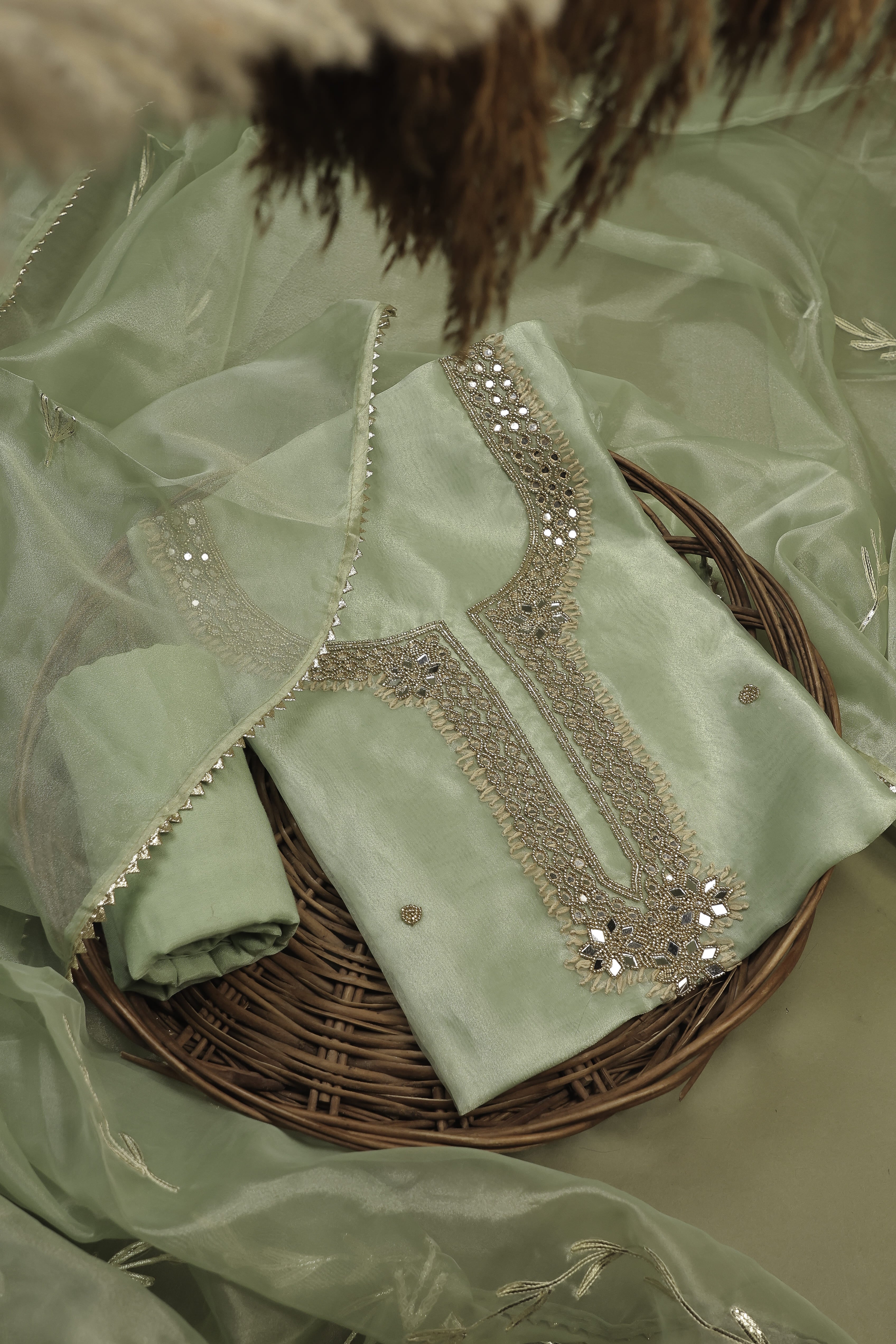 Pista Green Unstitch Suit with Exquisite Mirror Work