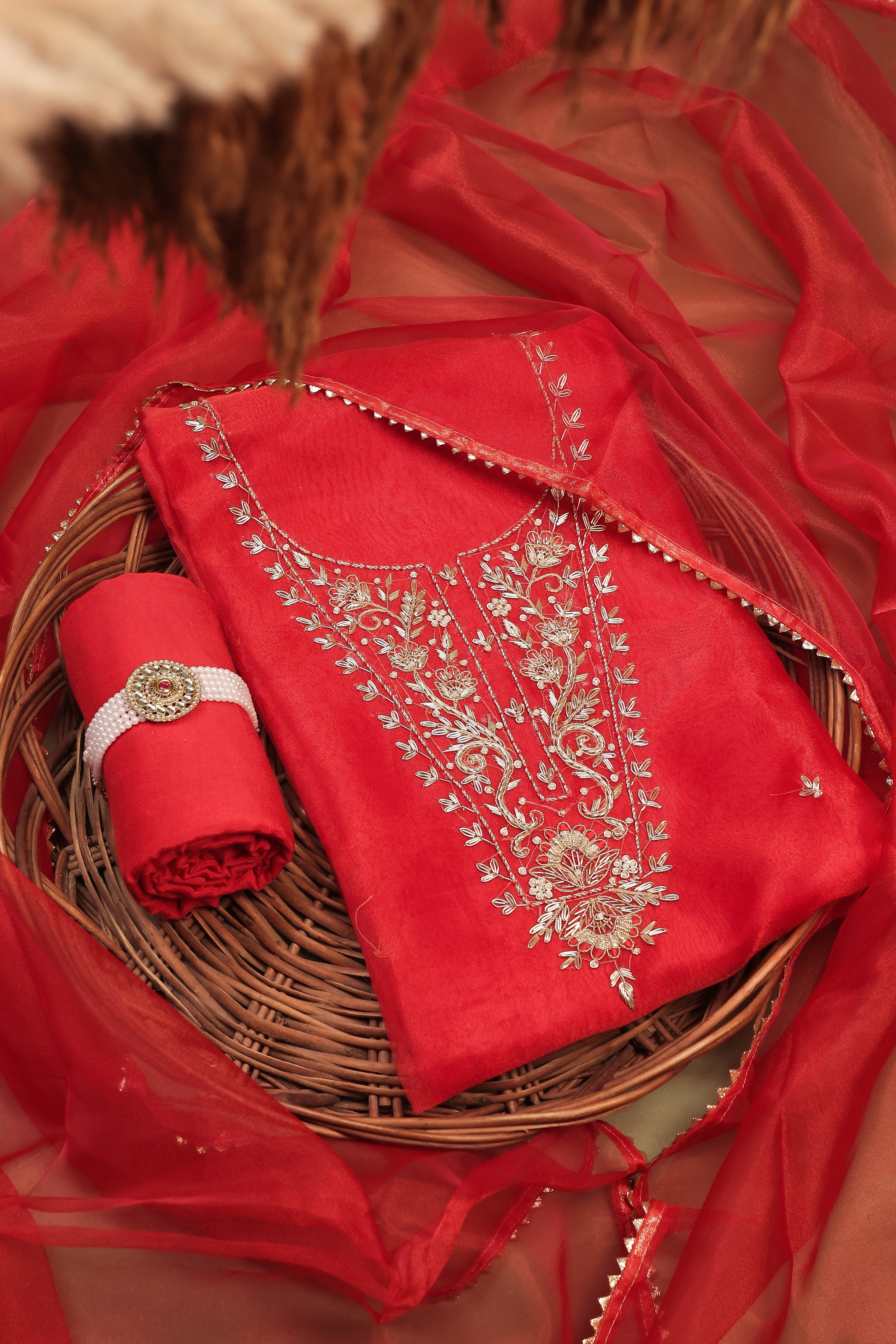 Crimson Red Unstitch Suit with Handcrafted Heavy Zardozi Work