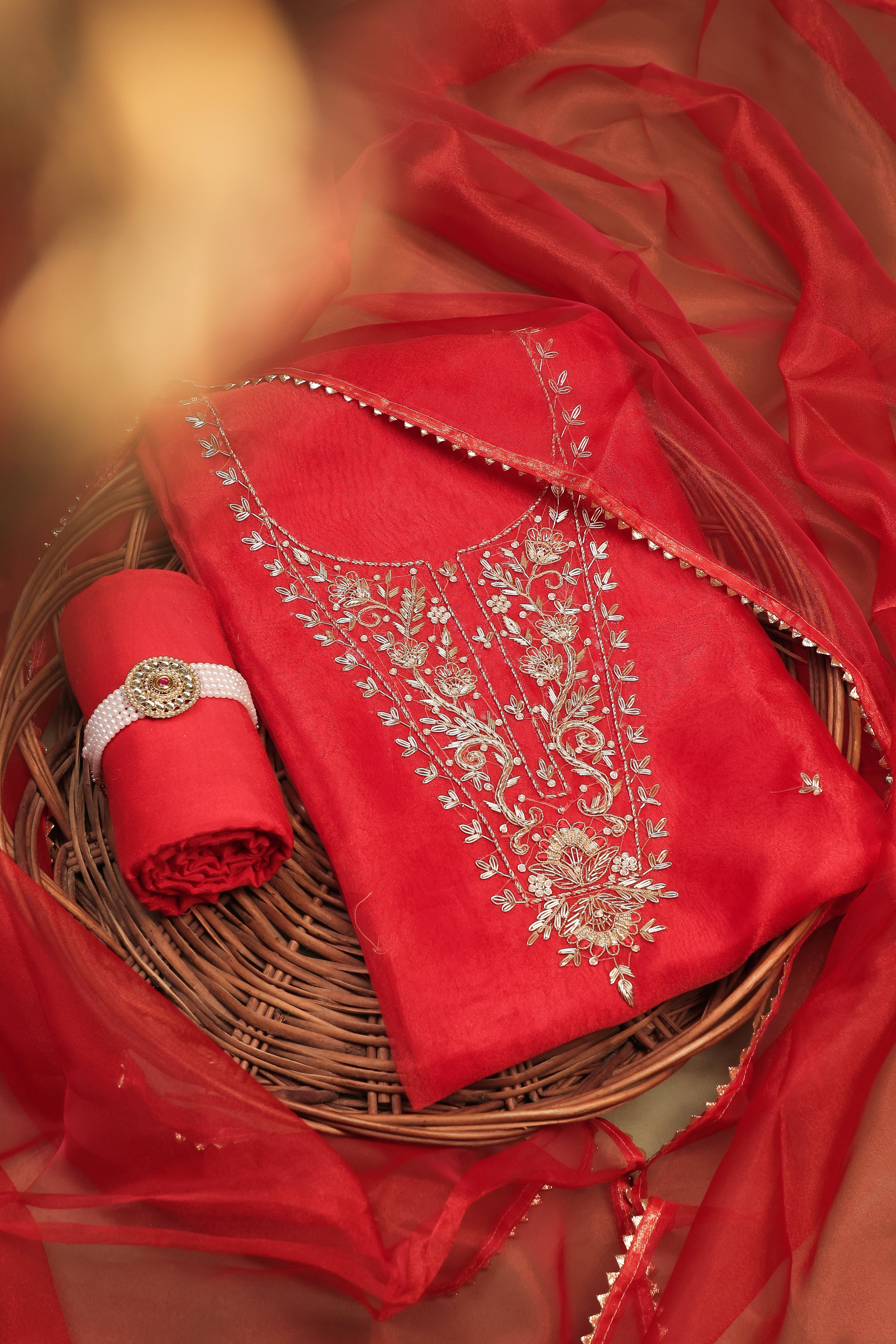 Crimson Red Unstitch Suit with Handcrafted Heavy Zardozi Work