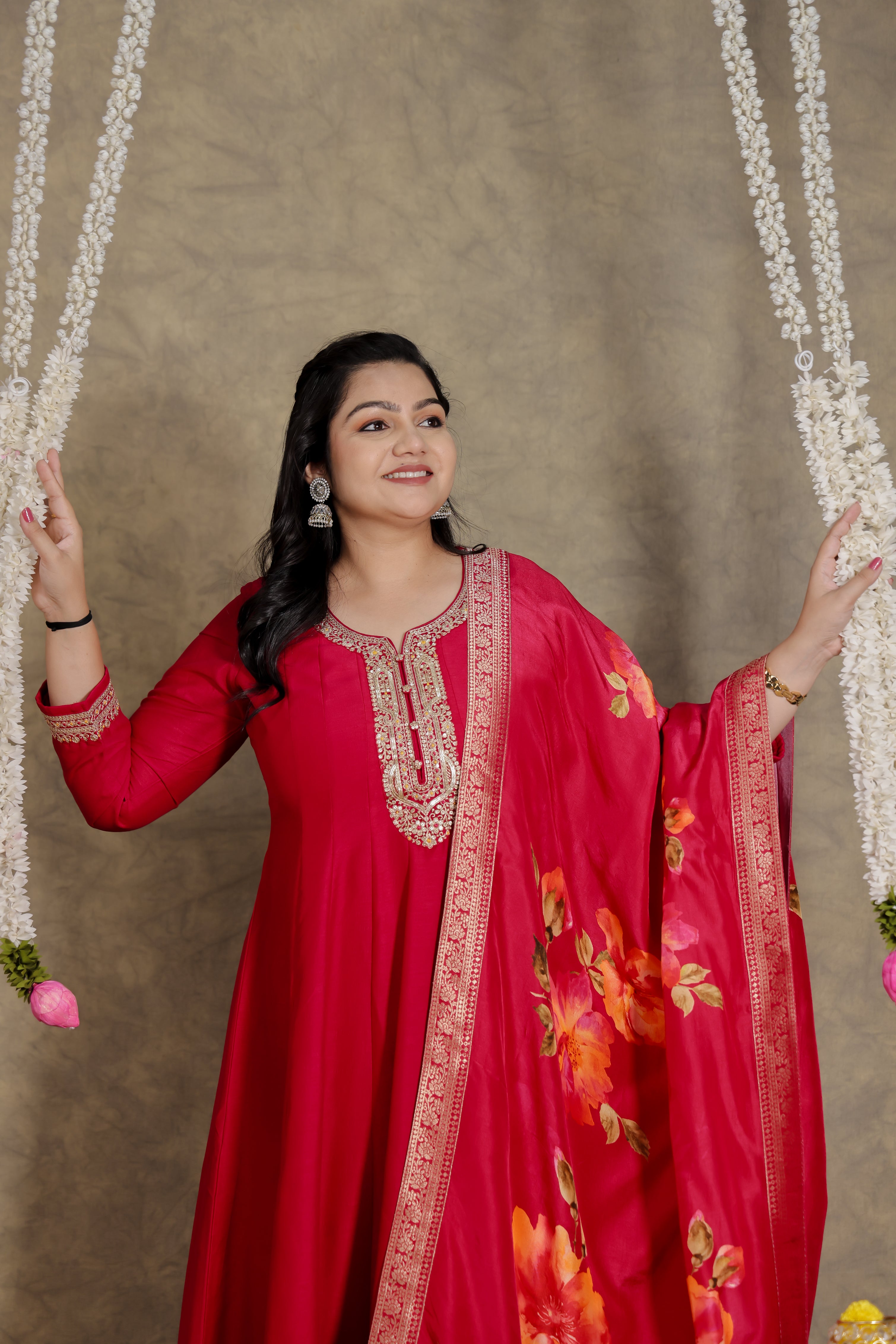 Cherry Red Raw Silk Enrobe Set with Dupatta